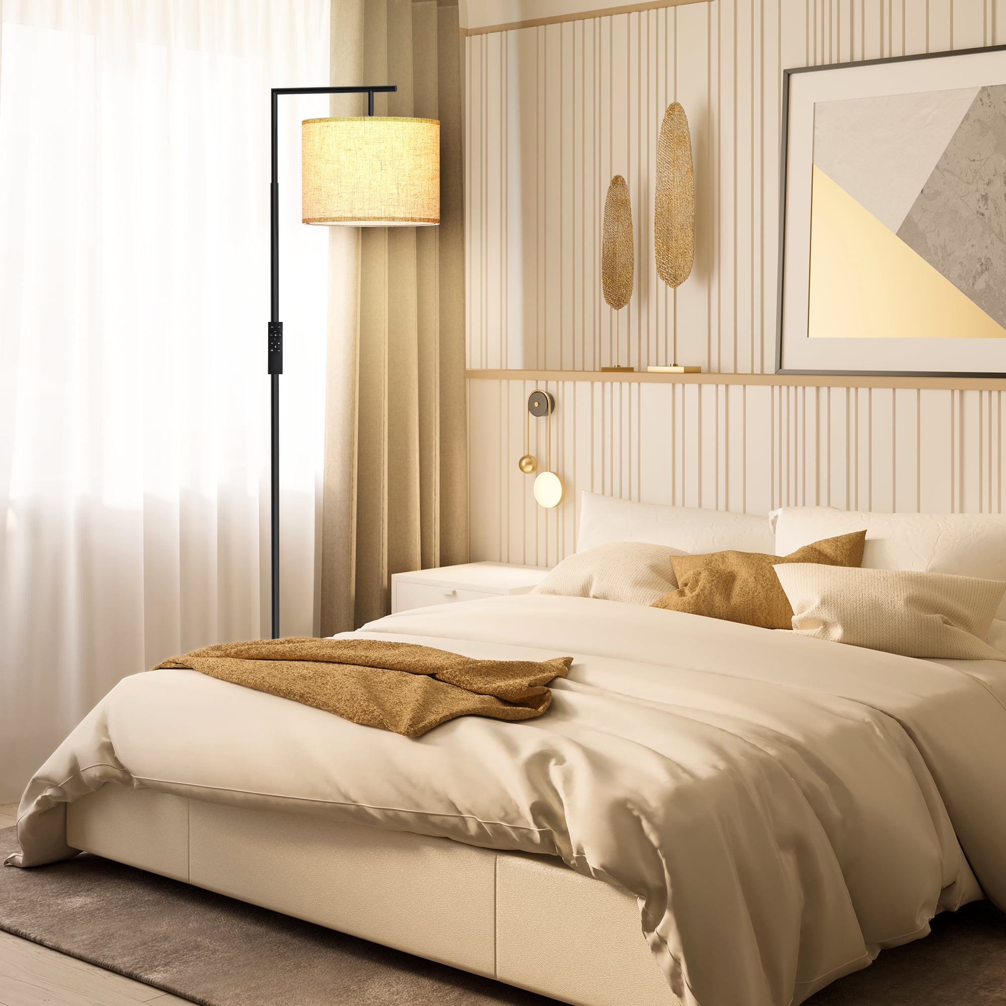 Jurulu Modern Arc Floor Lamp with Remote Control, Adjustable Linen Shade, Dimmable LED Standing Light (White, 61 in) cs74o