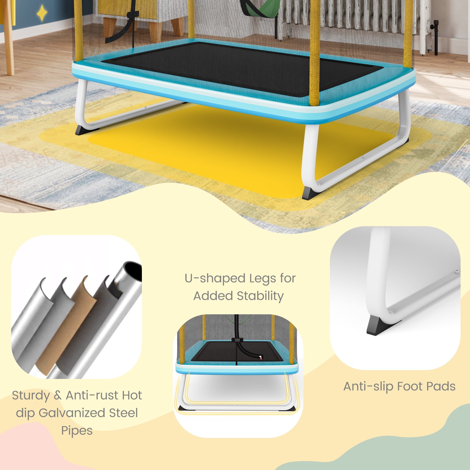Topbuy 3-in-1 Kids Trampoline with Swing and Horizontal Bar (Yellow, 6 ft) gmhyd