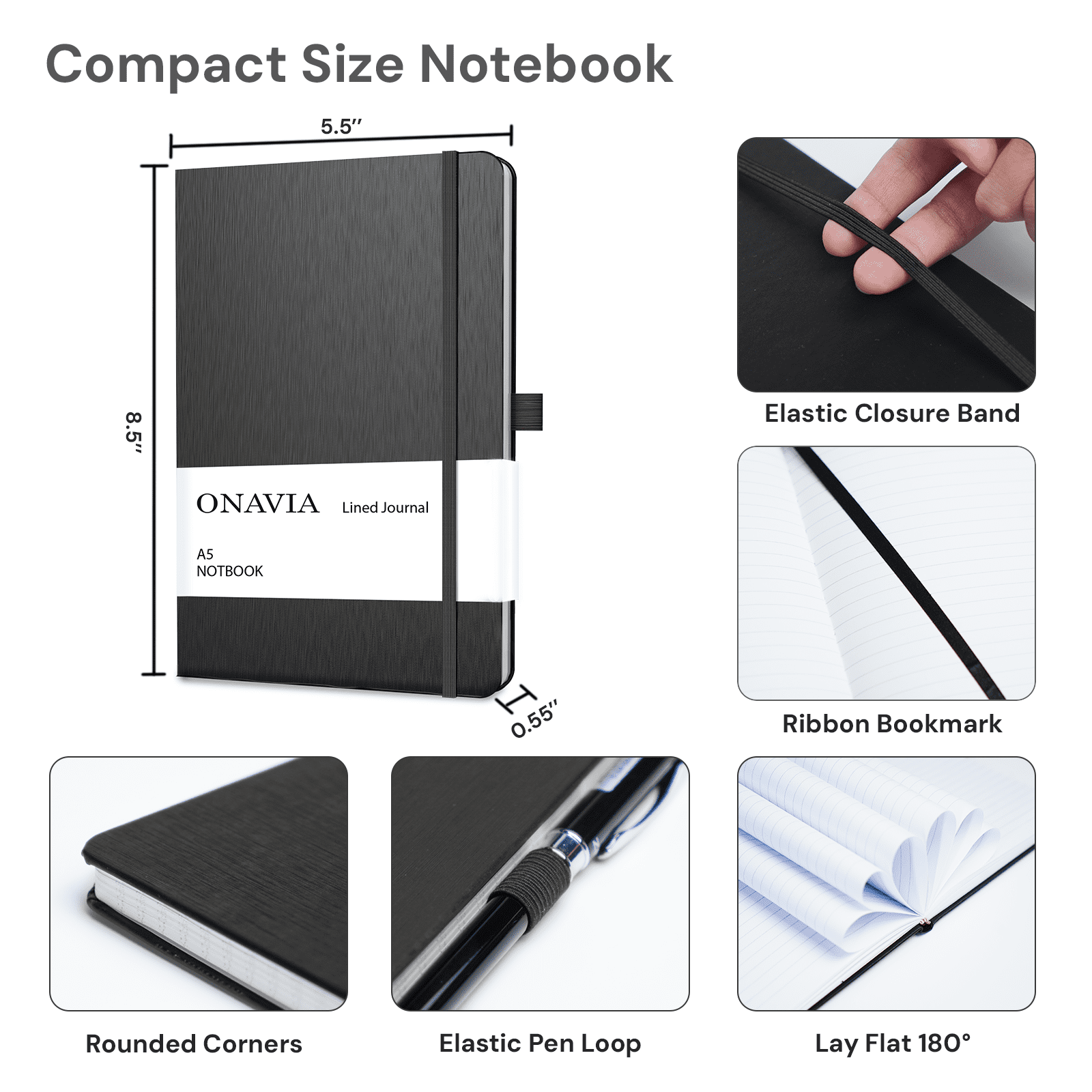 ONAVIA Lined Journal Notebook 6 Pack, Hardcover College Ruled Notepad for Work and School (Black, 5.79 in x 8.3 in) 9qfwg