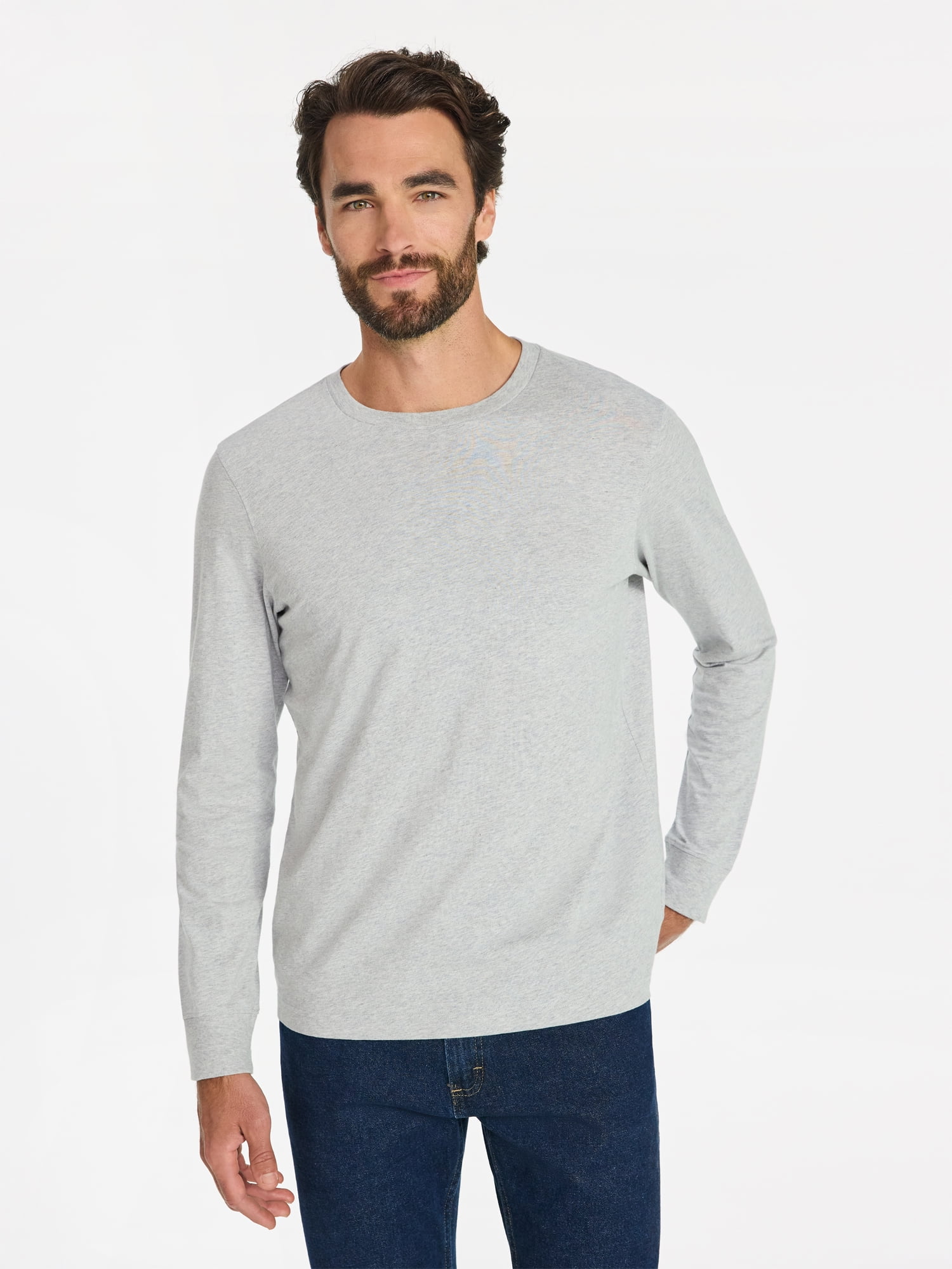 George Men's Relaxed Fit Long Sleeve Crewneck T-Shirt (Grey, 3 Pack, XS) 5wstr