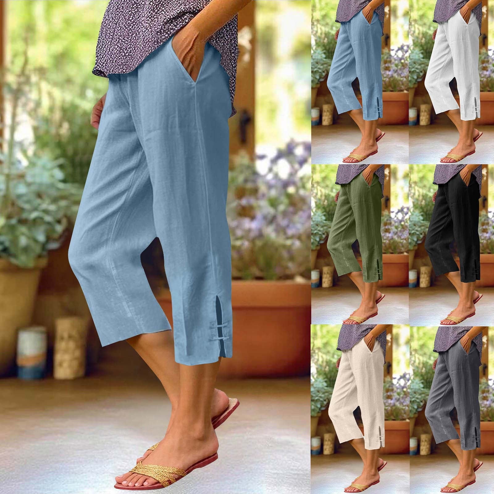 TOPLIU Women's Linen Capris Wide Leg Pants with Pockets (Beige, L) fo1zw