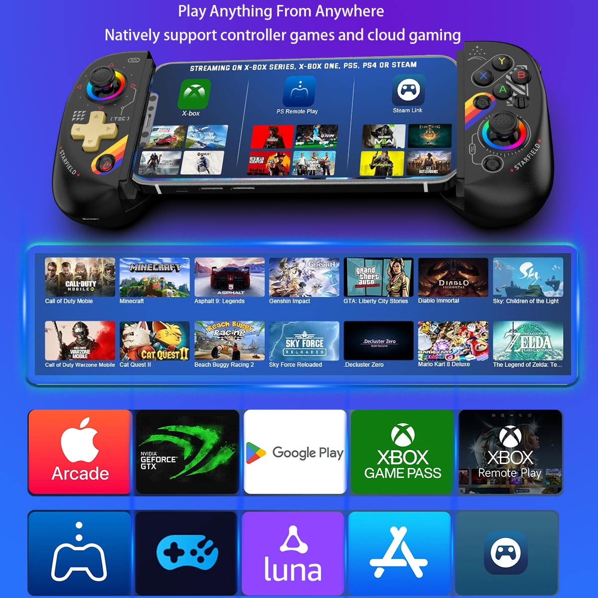 xbuyna Wireless Mobile Gaming Controller for iPhone iPad Android (Black, 10 in) 6576k