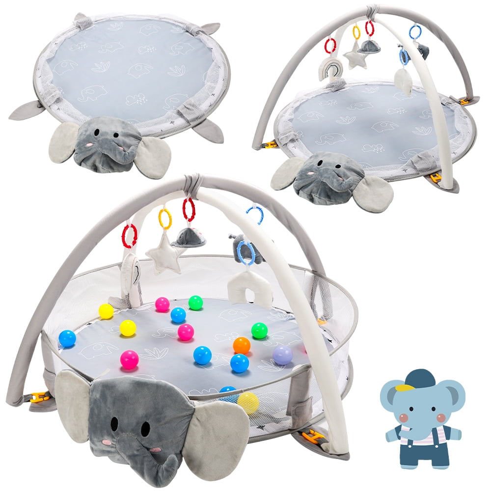 JoyStone 5-in-1 Elephant Baby Gym Play Mat with 30 Balls, Sensory Tummy Time Activity Center (Grey) 396w7