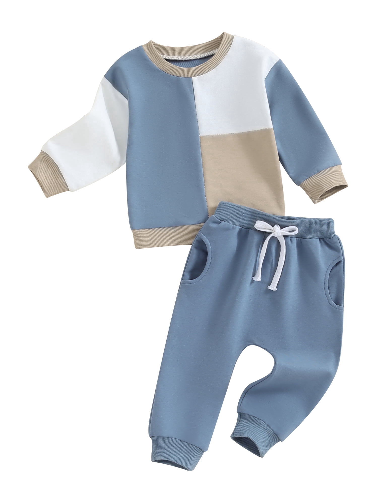 HCNTES Toddler Boy Fall Winter Outfit Set Color Block Long Sleeve Sweatshirt and Jogger Pants (Beige, 2-3 Years) 24ddq
