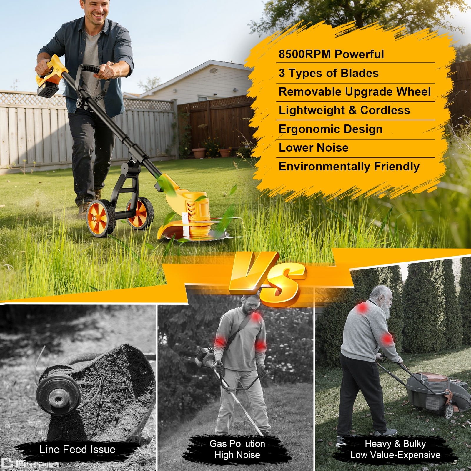 Lemolifys Cordless Electric Grass Trimmer with Wheels and 3 Blades (Yellow, 6 in) ocaa6