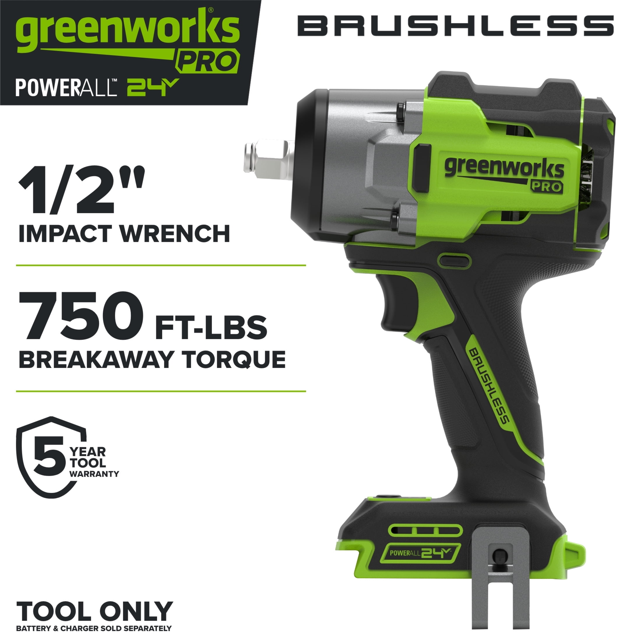 Greenworks Pro PowerAll 24V Brushless 1/2 in Impact Wrench (Green, 750 lb Breakaway Torque) g2aev