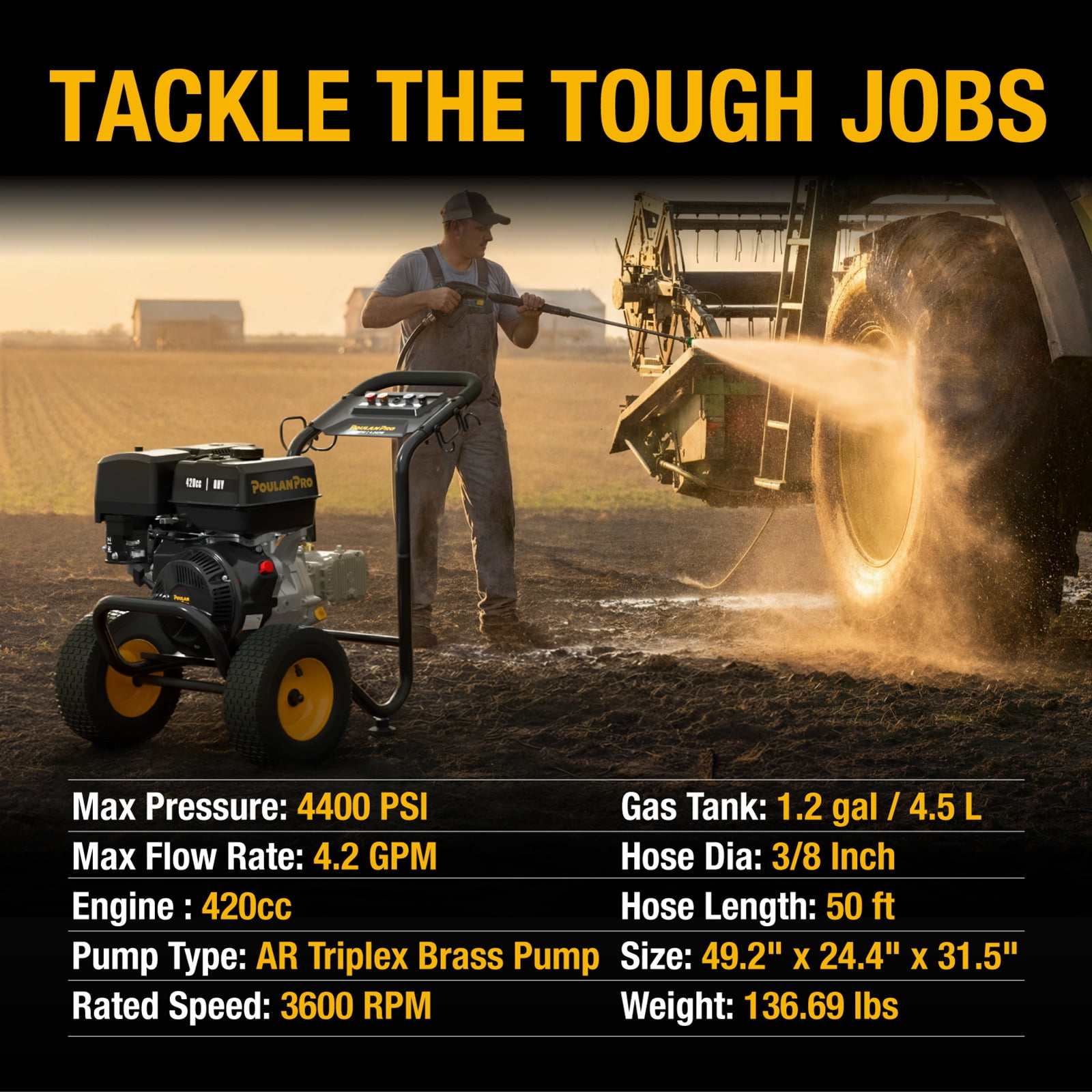 Poulan Pro Gas Pressure Washer (4400 PSI, 4.2 GPM, 420cc Engine, 50 ft Hose, 12 in Wheels) voi2l