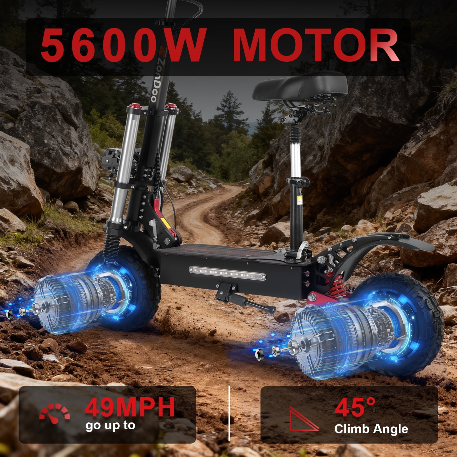 ZonDoo All Terrain Electric Scooter with Seat, Dual Motor High-Speed Commuter (Black, 50 in x 24 in x 55 in) pu39k