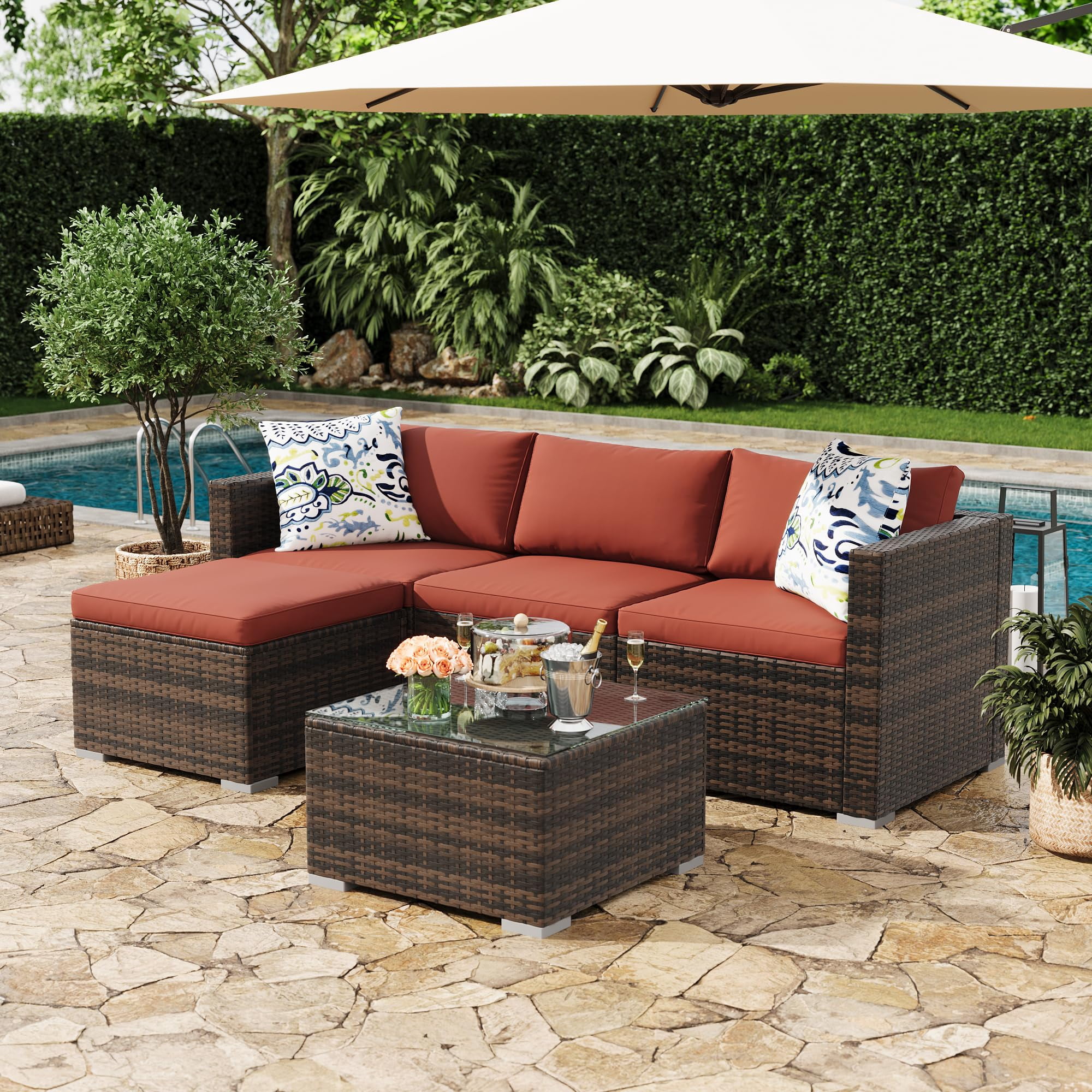 EliteEdge 5-Piece All-Weather PE Rattan Patio Sofa Set, Modular Outdoor Furniture with Tempered Glass Table and Waterproof Cushions (Brown Rattan, Light Grey Cushion, 5-Piece Set) i6xq3