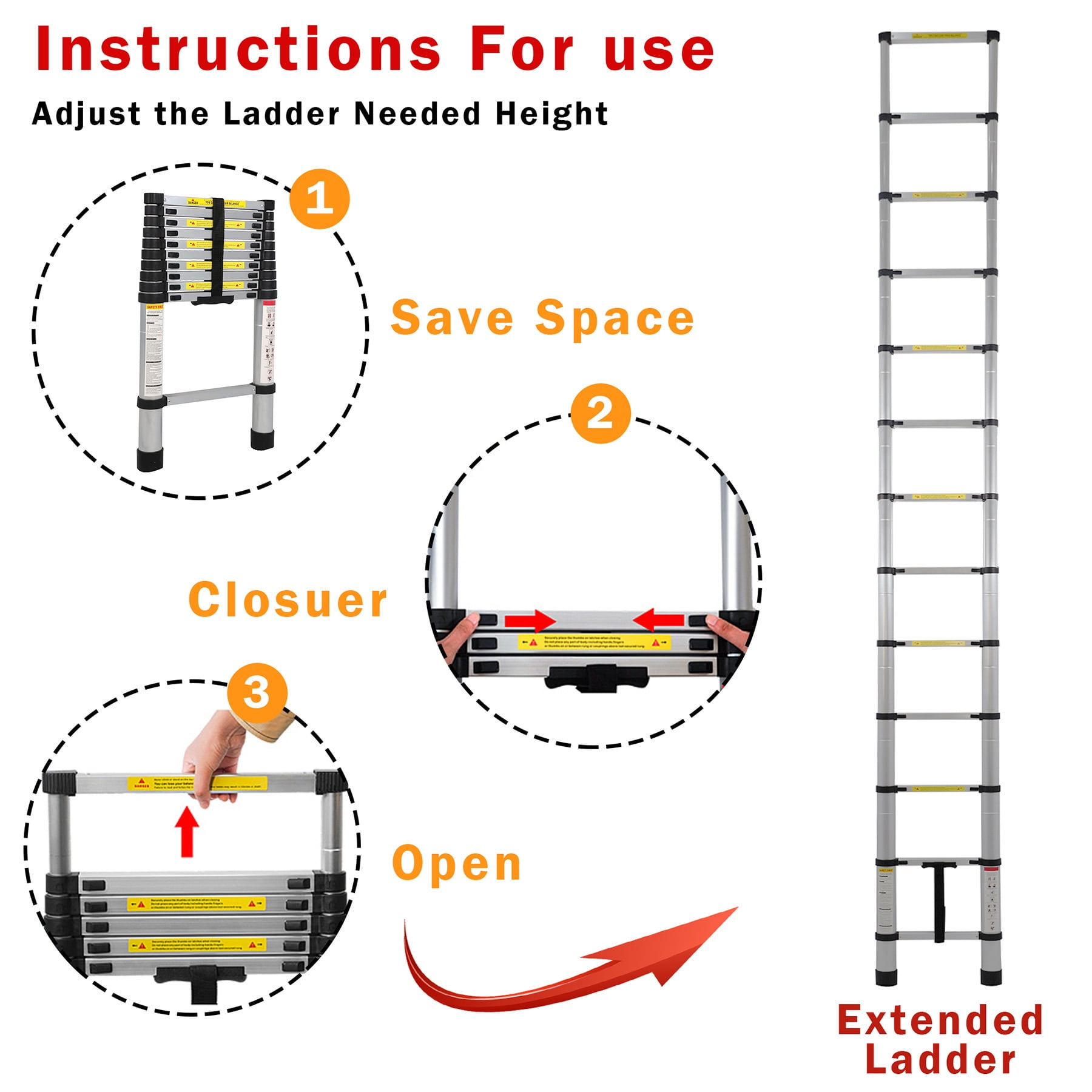 APOLLOLIFT Telescopic Ladder, Heavy-Duty Aluminum Extension Ladder for Home and Industrial Use (12.47 ft) jjnze
