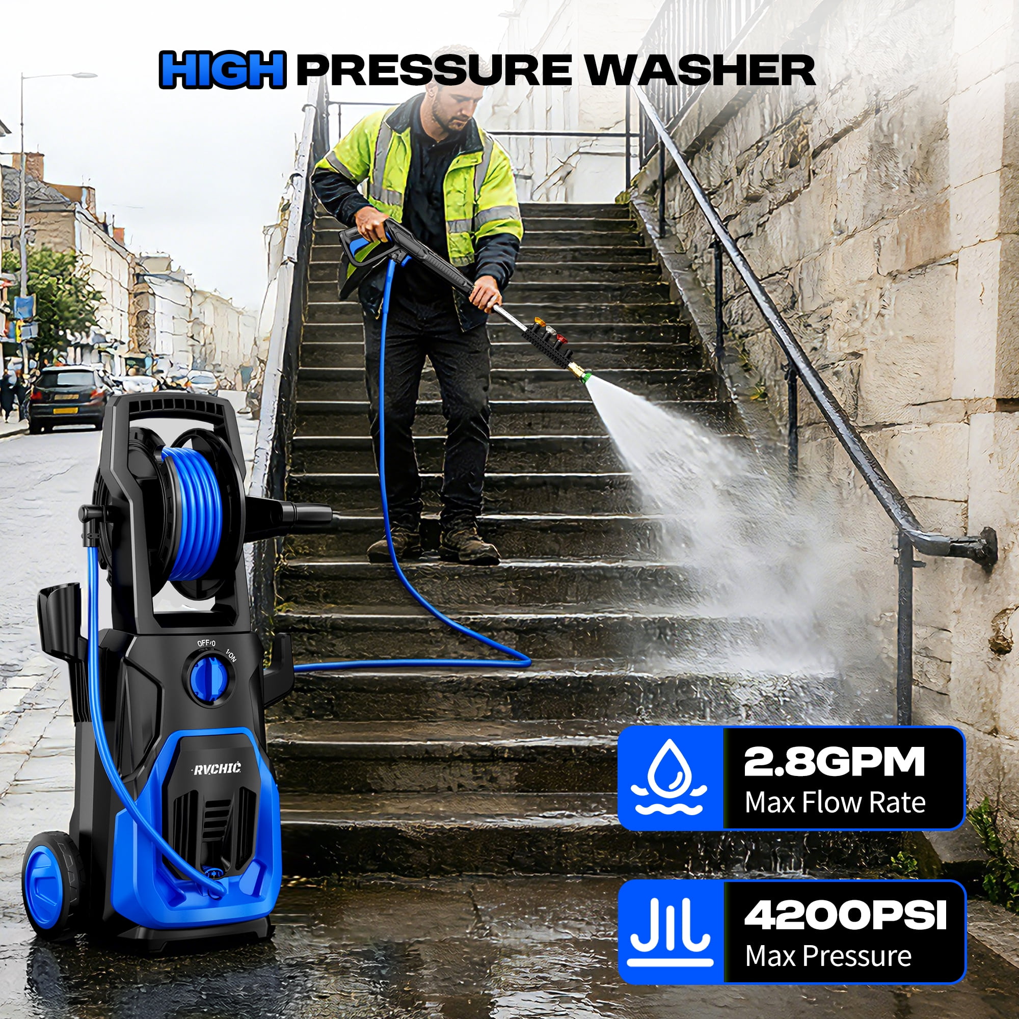 Rvchic 4200 PSI Electric Pressure Washer with Hose Reel and 4 Nozzles (Blue, 25 ft Hose) ee2ia
