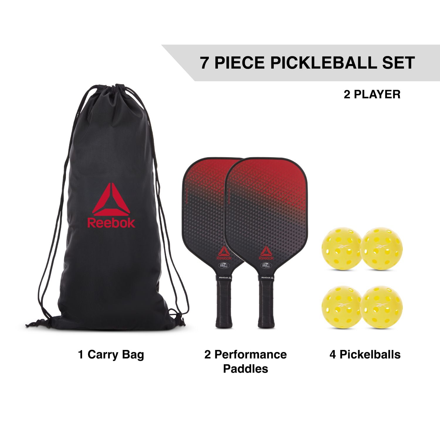 Reebok 7-Piece Pickleball Paddle Set with Fiberglass Surface and Cushioned Grip (2 Paddles, 4 Balls, 1 Bag) g3x2a