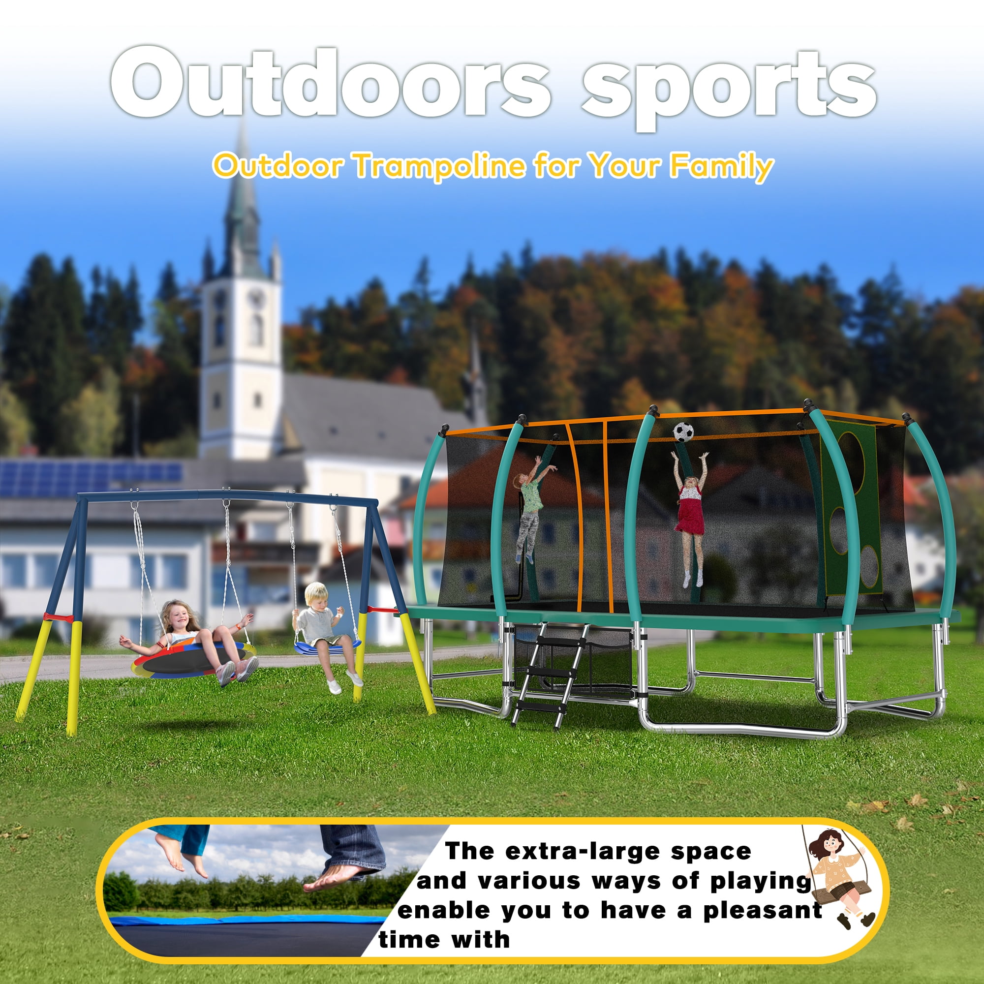 Mersco 4-in-1 Rectangular Trampoline with Swing Set and Enclosure Net (Green, 10 ft x 16 ft) 5k7pn