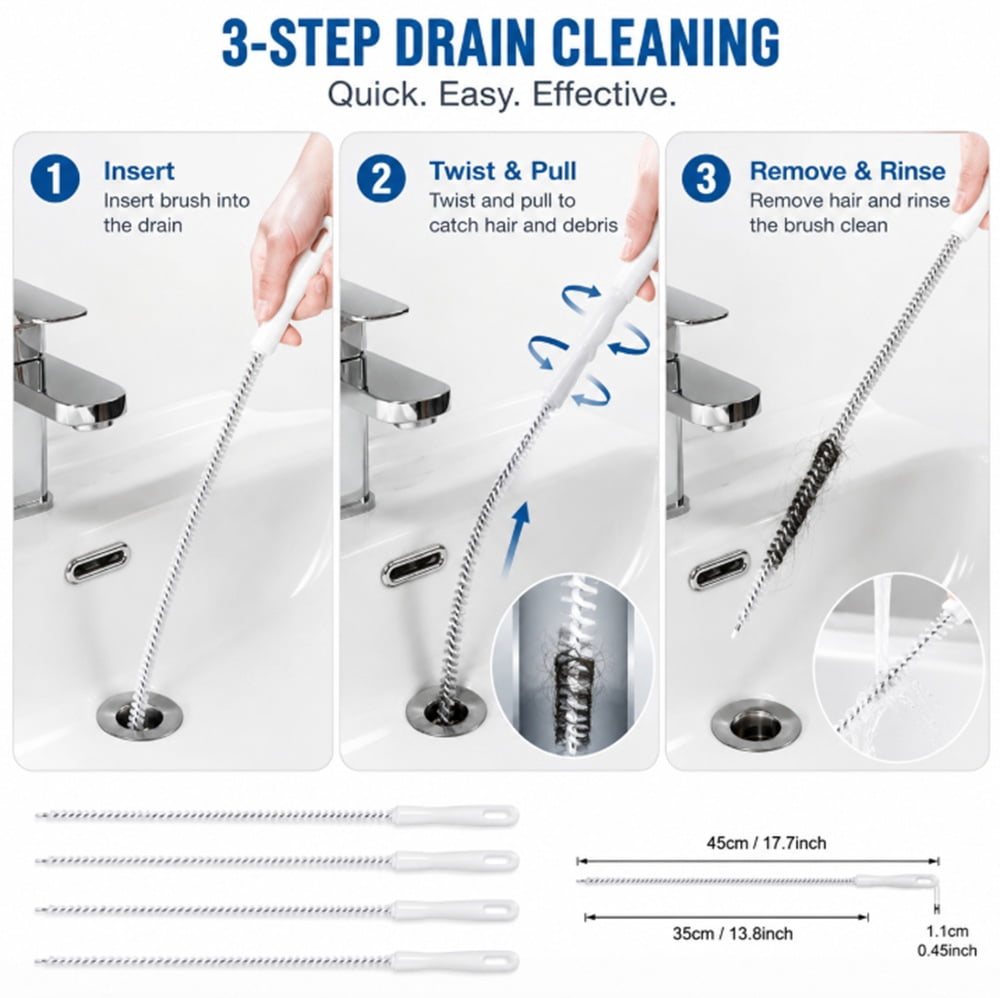 TIKA Drain Cleaning Brush Set, Flexible Pipe Scrubbers for Kitchen and Bathroom Sinks (4 Piece Set) 15lnl