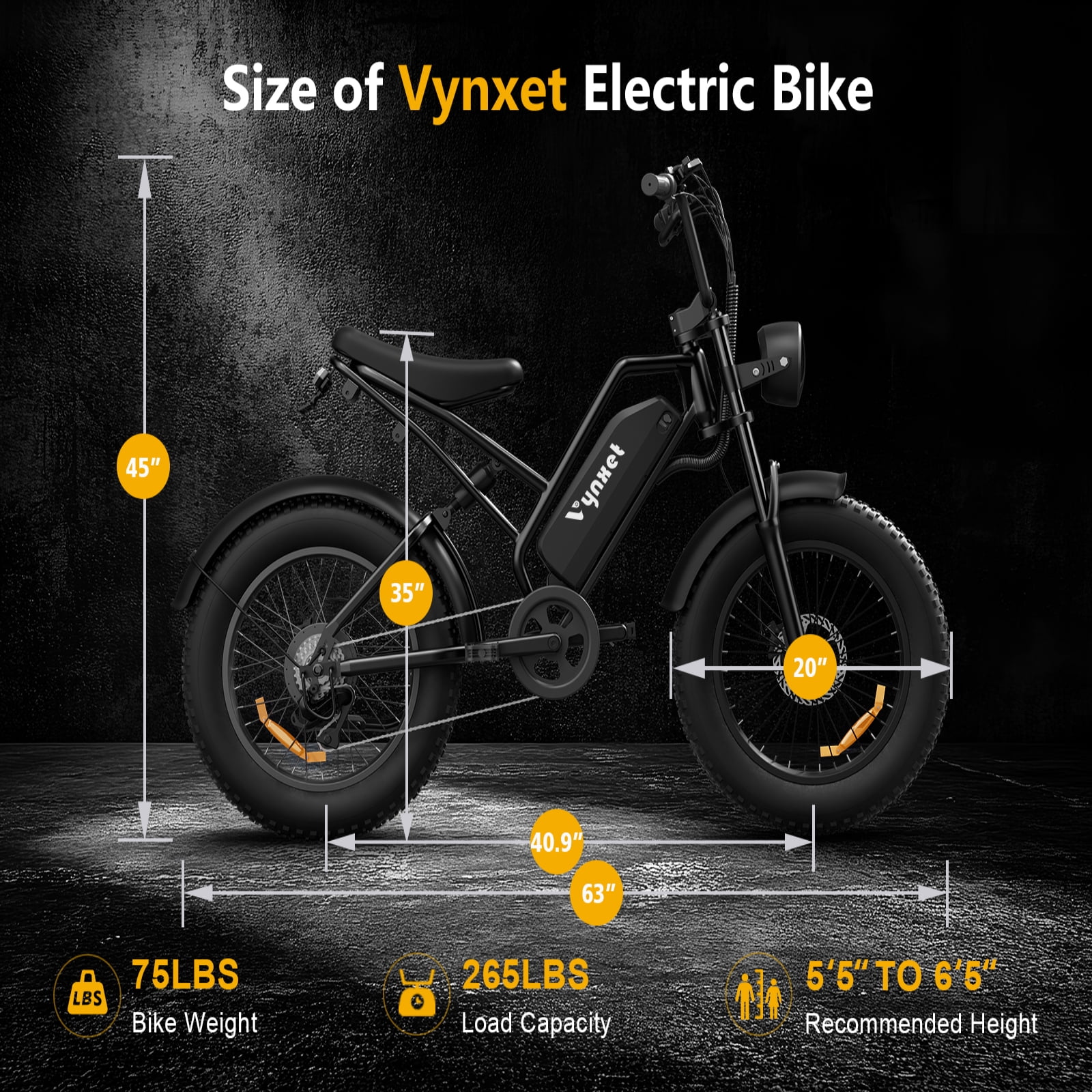 Vynhet G50 Electric Bike, 1500W All-Terrain Fat Tire E-Bike, 32 MPH, 68 Mile Range (Black, 20 in x 4.0 in) 5vcrj