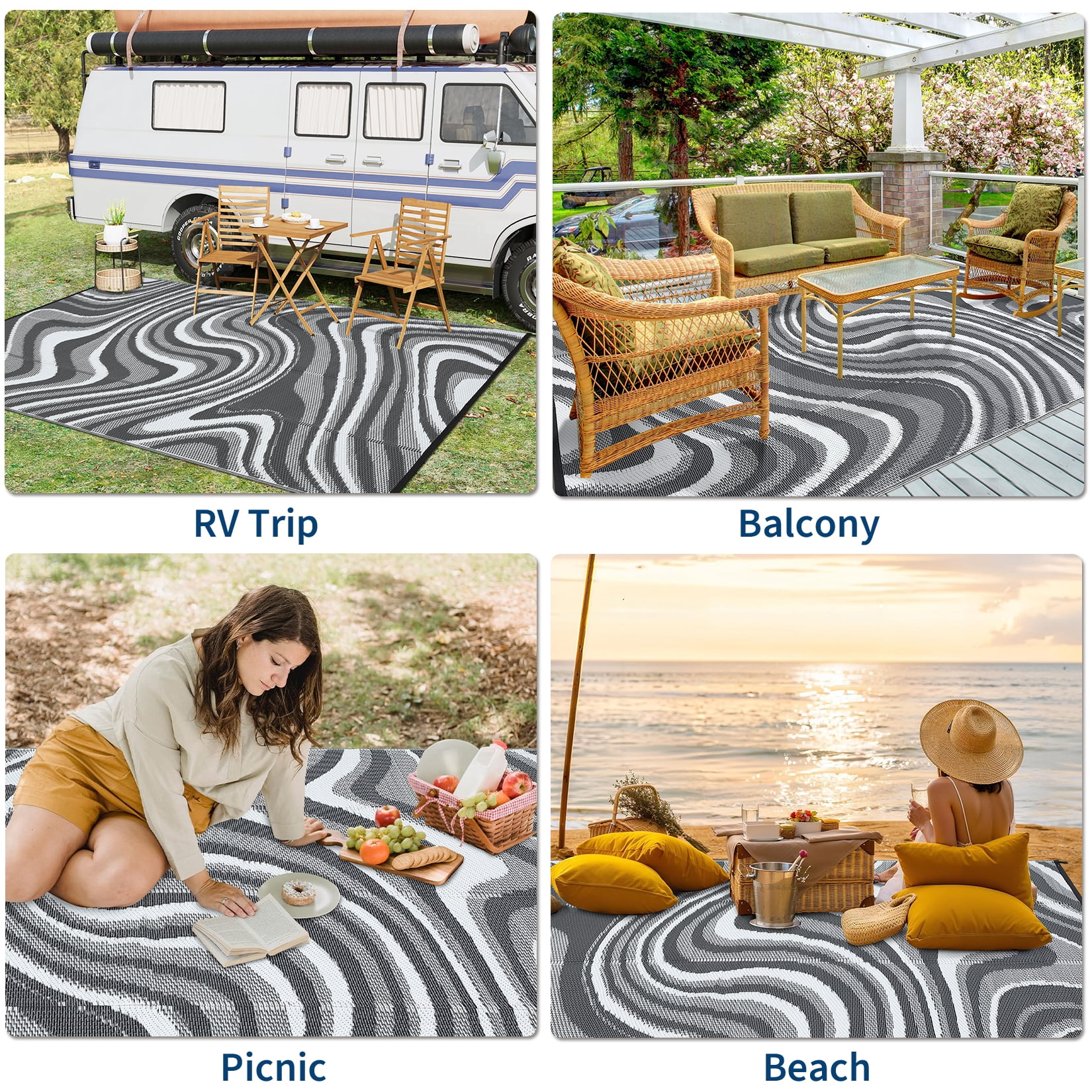 GIMMYFIVE Reversible Plastic Straw Indoor Outdoor Rug, Waterproof Patio Mat for Camping and RV (Black, 5 ft x 8 ft) uli5l