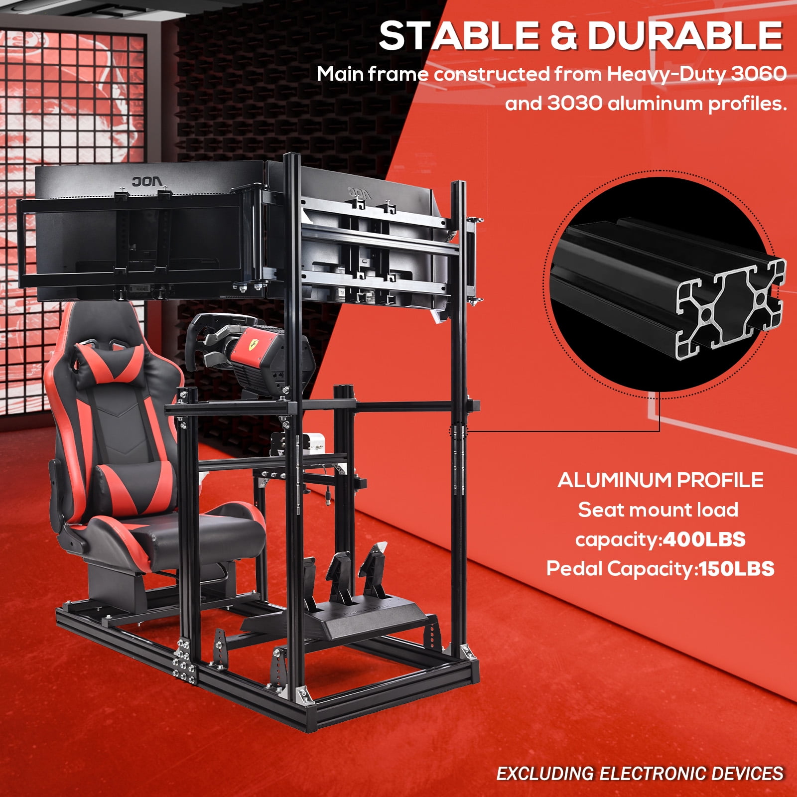 Supllueer Aluminum Racing Simulator Cockpit with Adjustable Seat and Triple Monitor Stand (Black) ve1yv