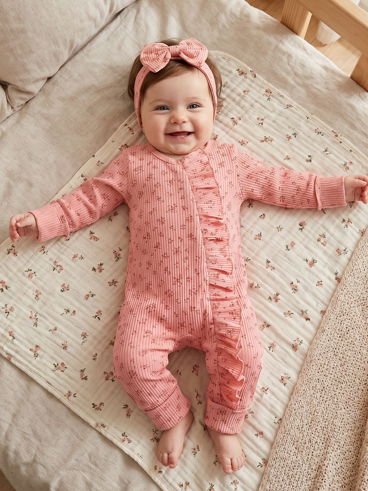BemeyourBBs Newborn Baby Girl Ruffled Ribbed Romper and Headband Set (Pink, Preemie) df7ix