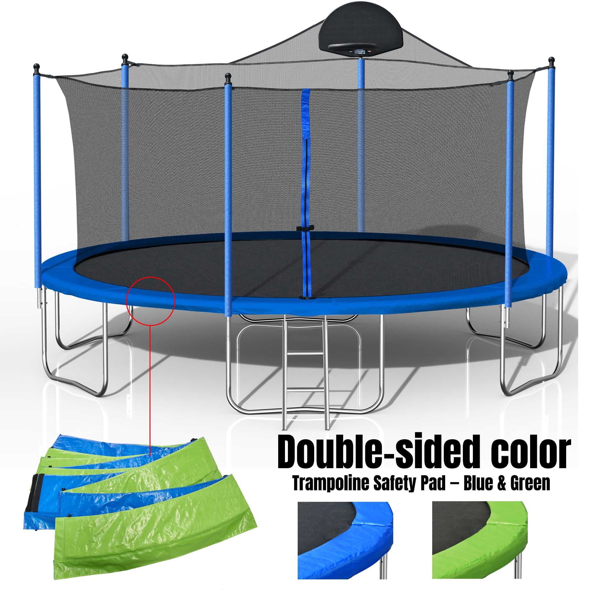 Leumius 14FT Outdoor Trampoline with Basketball Hoop and Safety Enclosure Net (Blue, 14 ft) a8thg