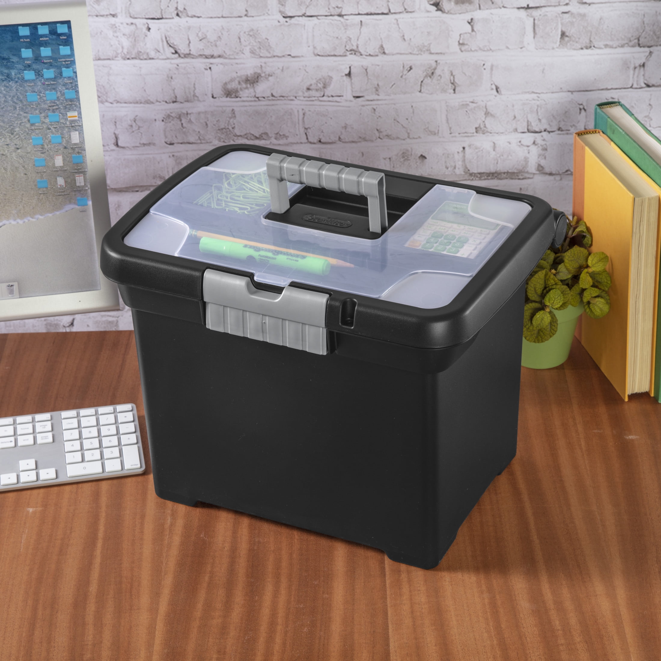 Sterilite Portable File Box, Letter-Size Plastic Storage Organizer with Handle and Divided Lid (Black, 15 in x 10.875 in x 11.5 in) ch8xf