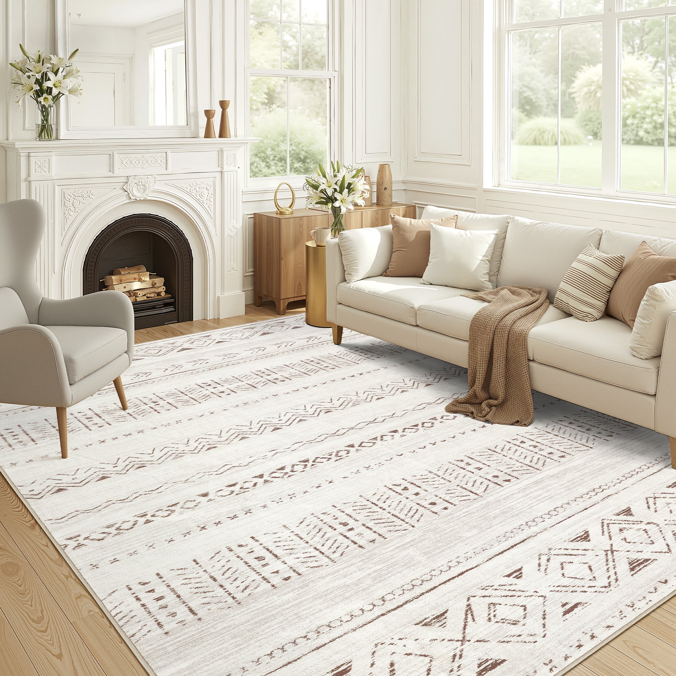 UERMEI Boho Moroccan Area Rug, Washable Geometric Distressed Indoor Carpet for Living Room and Bedroom (Brown, 5 ft x 7 ft) saexo