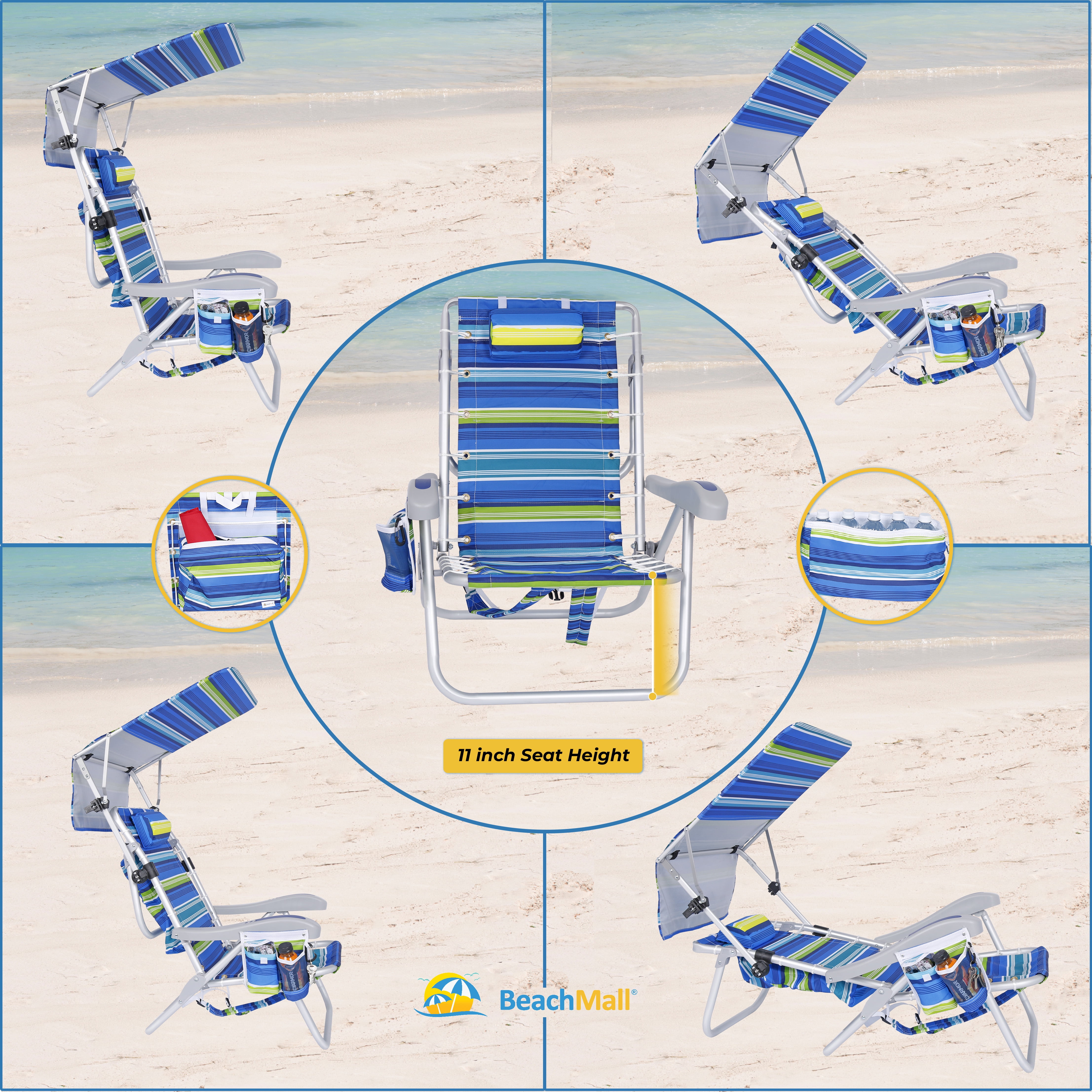 Beachmall Heavy Duty Aluminum Folding Backpack Beach Chair with Canopy and Cooler (Blue, 300 lb Capacity) 0x0qx