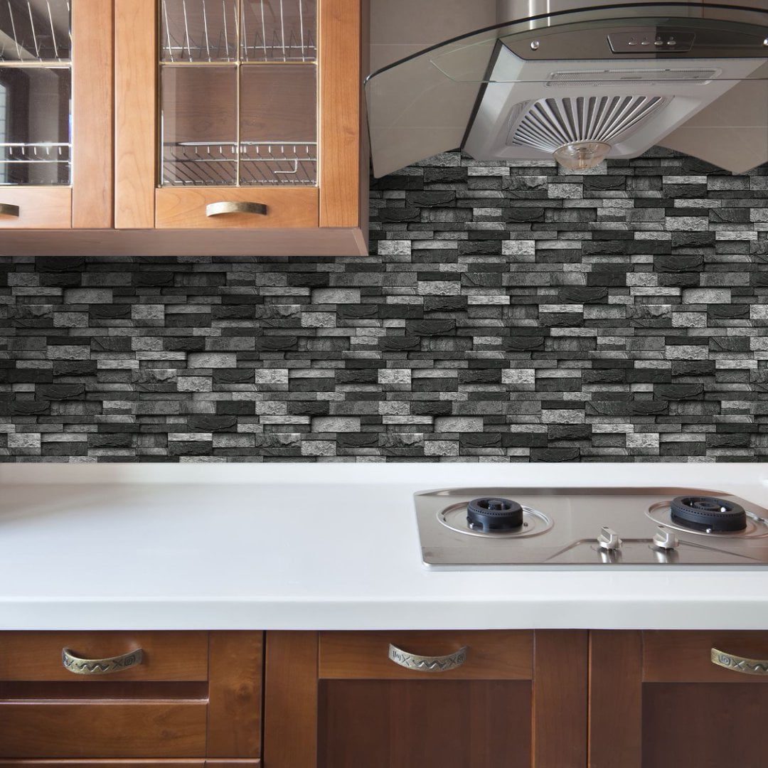 FUDAKUNA Self-Adhesive Wall Tile Stickers, Waterproof Peel and Stick Backsplash for Kitchen and Bathroom (Black Gray Stone Brick, 12 Pack, 4.72 in x 9.68 in) bmwbd