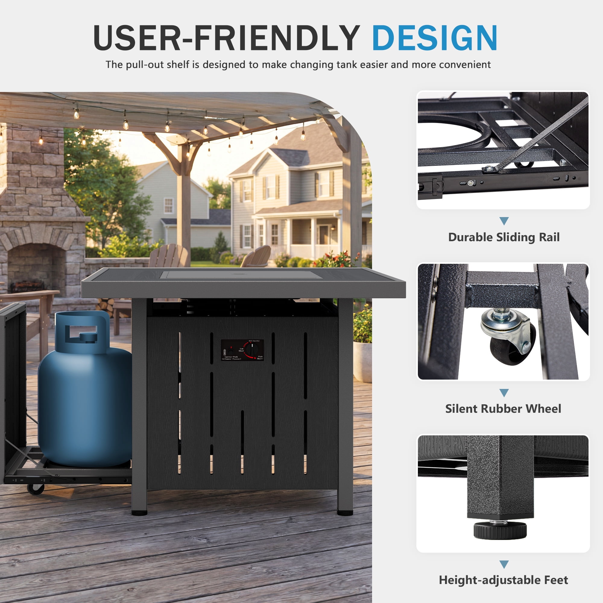 SERWALL 33 in Square Propane Fire Pit Table with Glass Wind Guard and Lid (Black, 50,000 BTU) s92h0