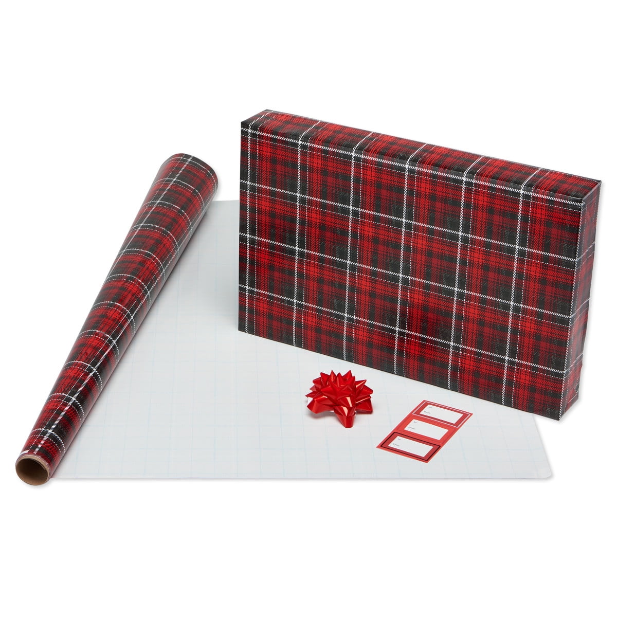 American Greetings Christmas Wrapping Paper Set with Gridlines, Bows, and Gift Tags (Red, 4 Rolls, 48 ft Total) w7bsr