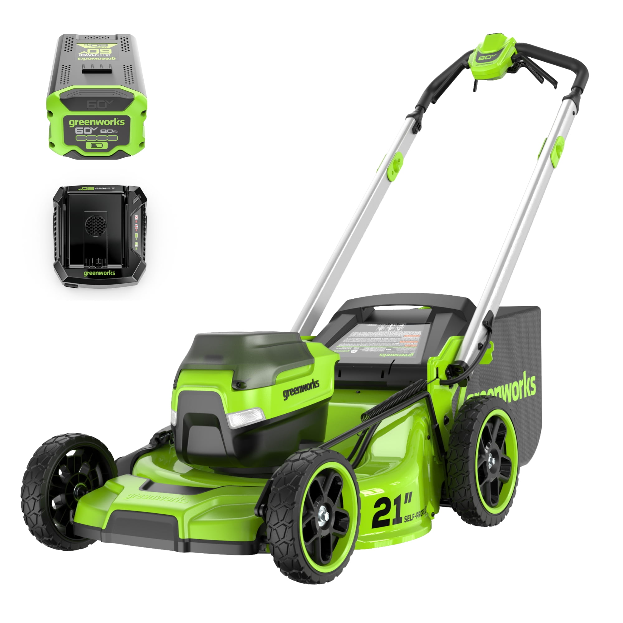Greenworks 60V 21 in Self-Propelled Lawn Mower with 8.0 Ah Battery and Rapid Charger (Green, 21 in) ijbnt