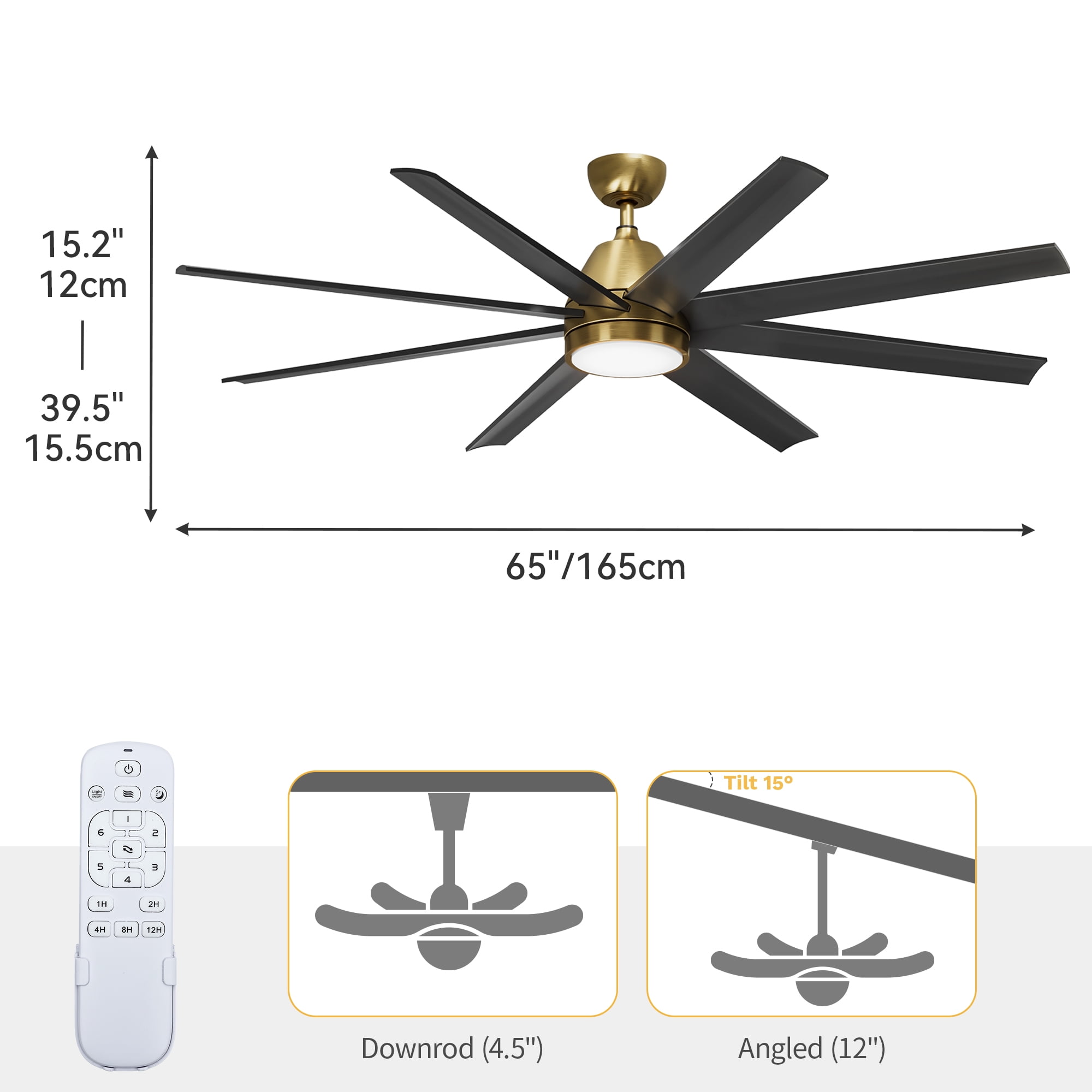 Dextrus 65 in 8-Blade Modern Ceiling Fan with LED Light, Quiet Reversible DC Motor, 6-Speed Remote Control (Black) ei4fp