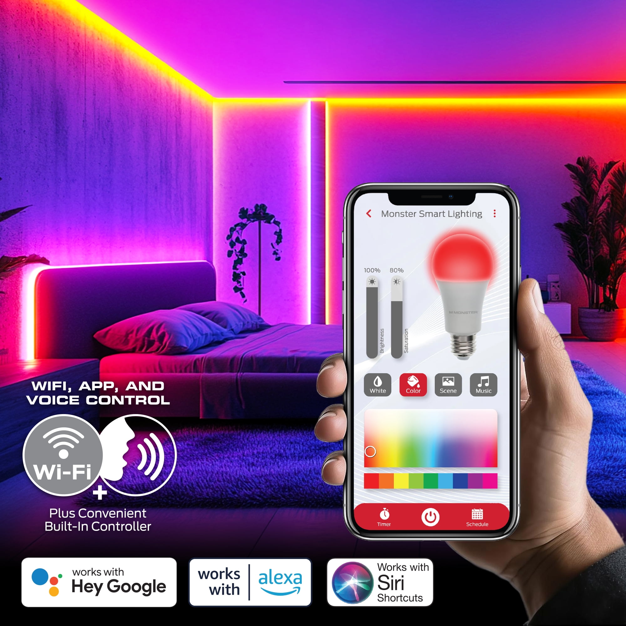 Monster Smart LED Light Strip, Multi-Color Flow, Sound Reactive, Razer Chroma Compatible (100 ft) bfry7