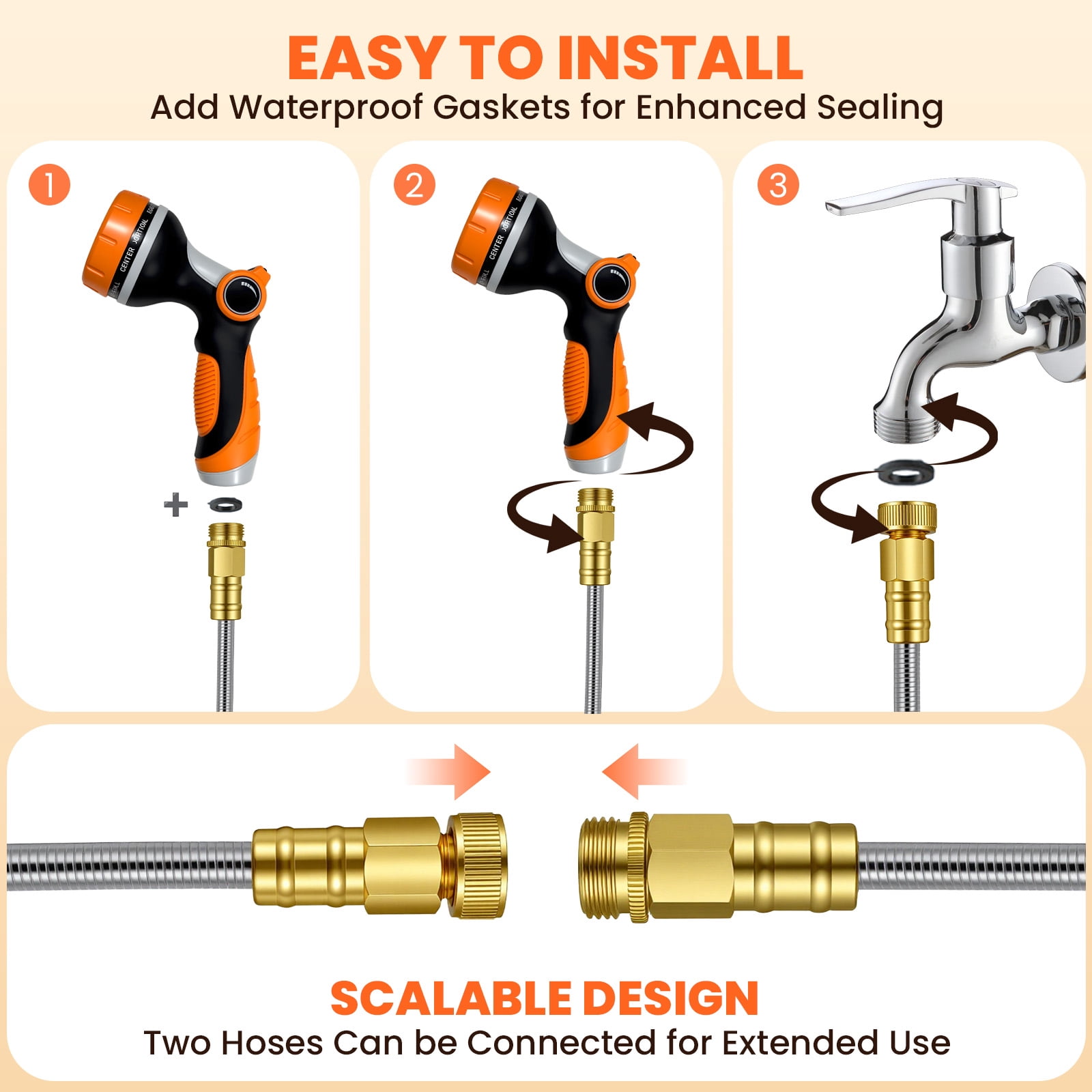 KOYMISKU Stainless Steel Garden Hose with 10-Mode Nozzle Sprayer (Silver, 50 ft) w3kcj
