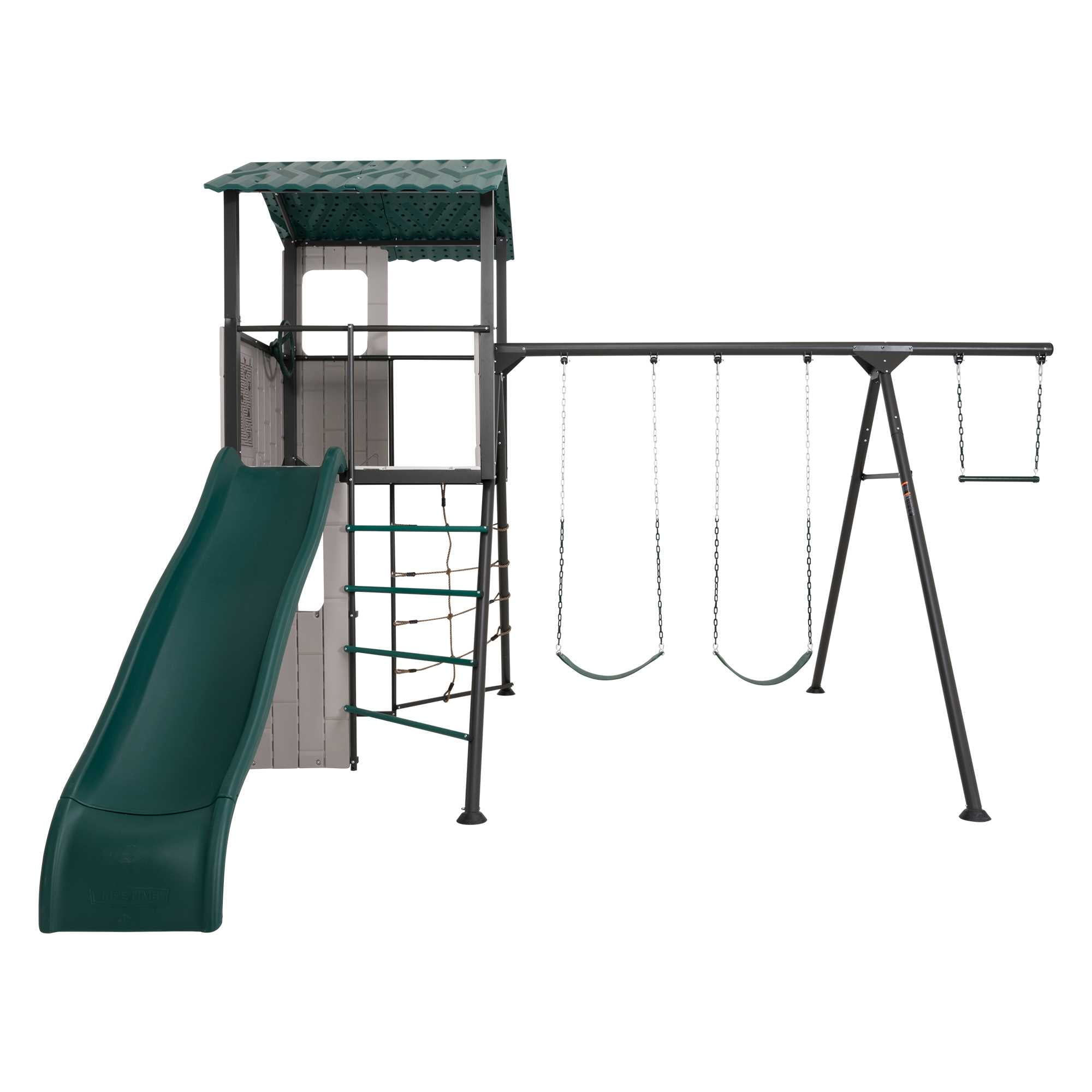 Lifetime Adventure Clubhouse Swing Set with Slide, Belt Swings, and Trapeze Bar (1 Unit) nj4r0