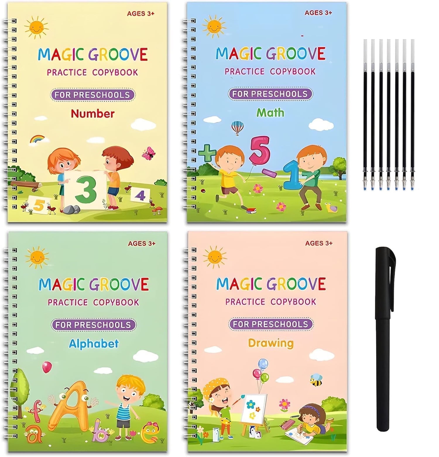 Bexikou Grooved Handwriting Practice Copybooks, Reusable Calligraphy Tracing Workbooks for Kids (4 Books with Pens) 2lf2u