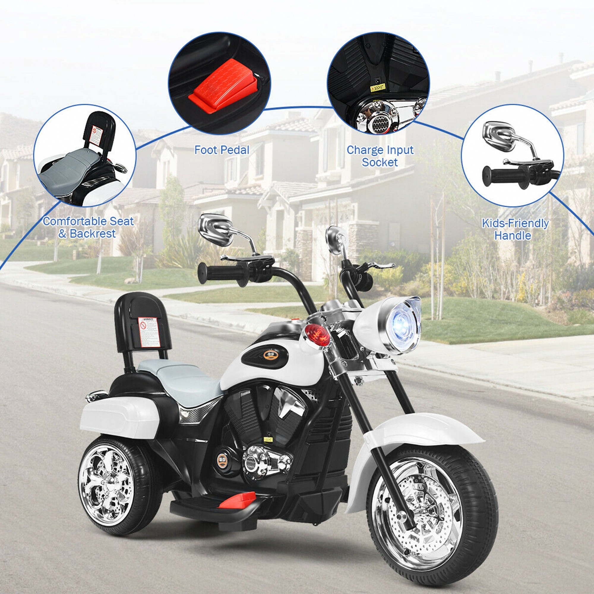 Gymax 6V Kids Ride On Chopper Motorcycle 3-Wheel Trike with LED Headlight (White) ma0ns