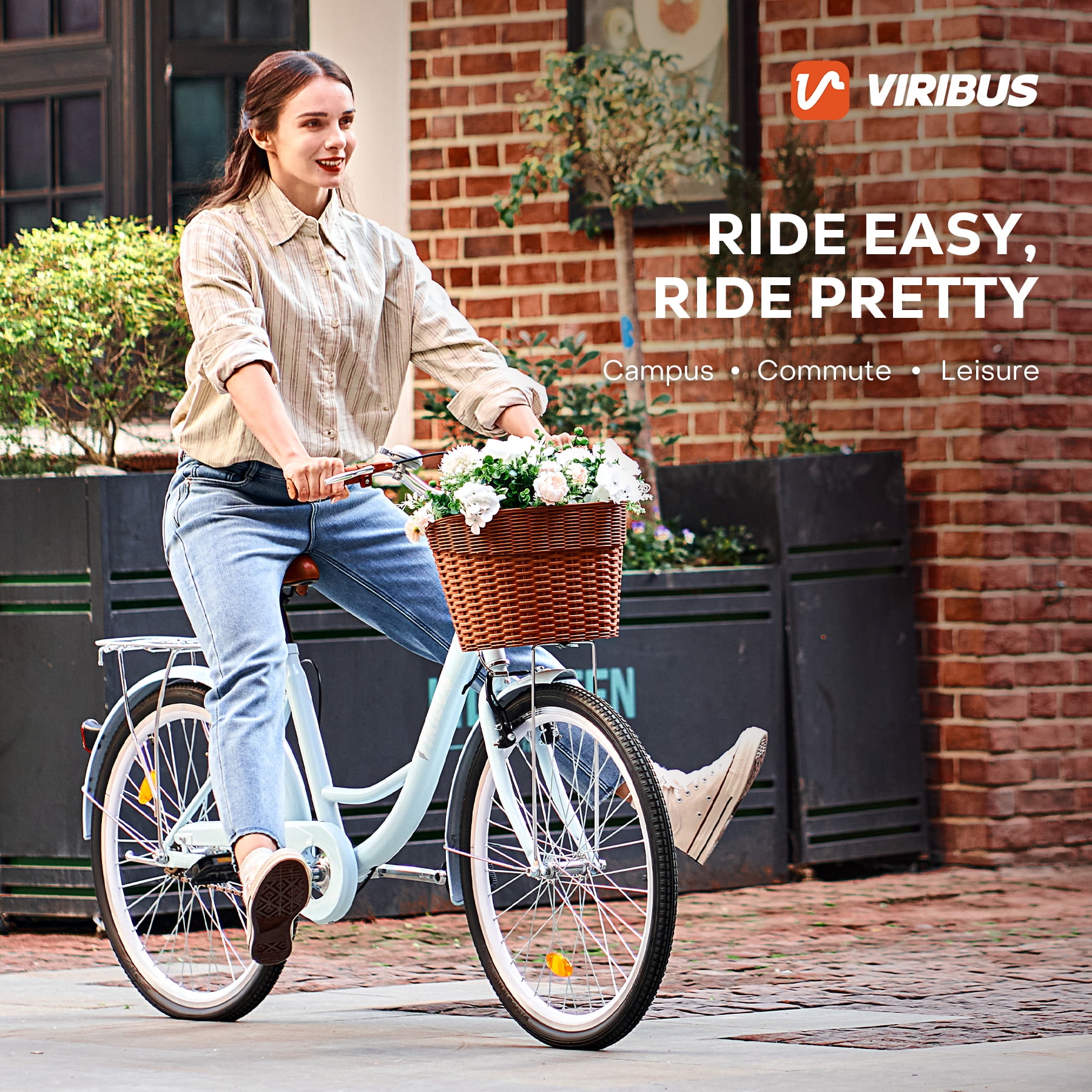 Viribus 24-inch Women's City Cruiser Bicycle with Carbon Steel Frame and Basket (Blue, 24 in) snlr2