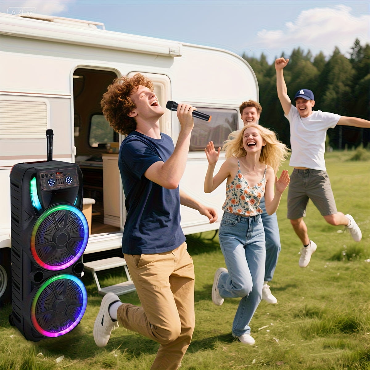 Lohoms Dual 15 in Karaoke Speaker System with 2 Wireless Microphones, Portable Bluetooth Party Box with LED Lighting (Black, 15 in) 3blbz
