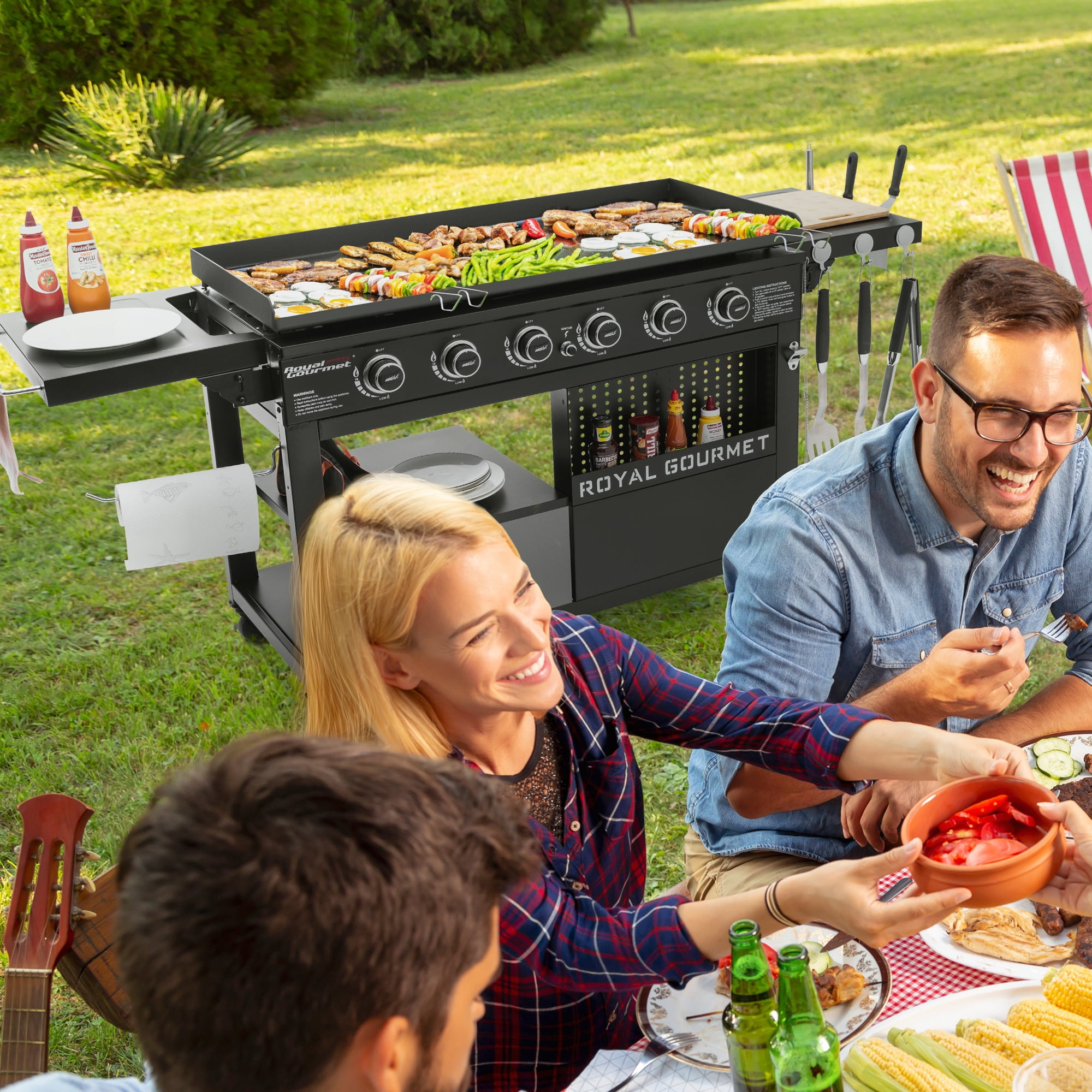 Royal Gourmet 44-inch 6-Burner Flat Top Gas Grill Griddle with Foldable Side Shelves and Spice Rack (Black, 76.1 in x 24.6 in x 36.6 in) 8hhxq