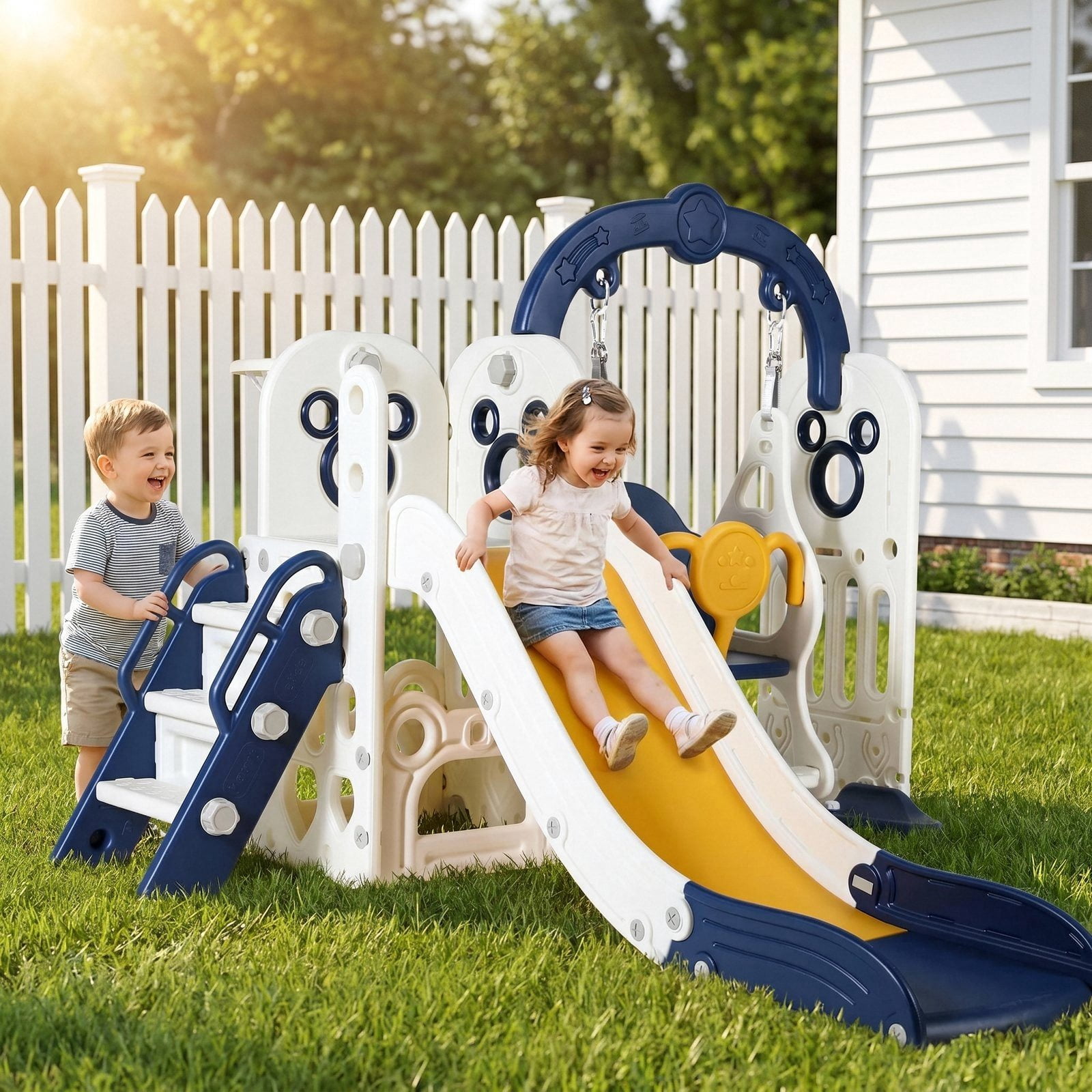 Arlopu Kids Slide and Swing Set, 5-in-1 Toddler Climber Playset with Basketball Hoop and Storage (Blue, 58.3 in x 58.7 in x 45.3 in) opnp5