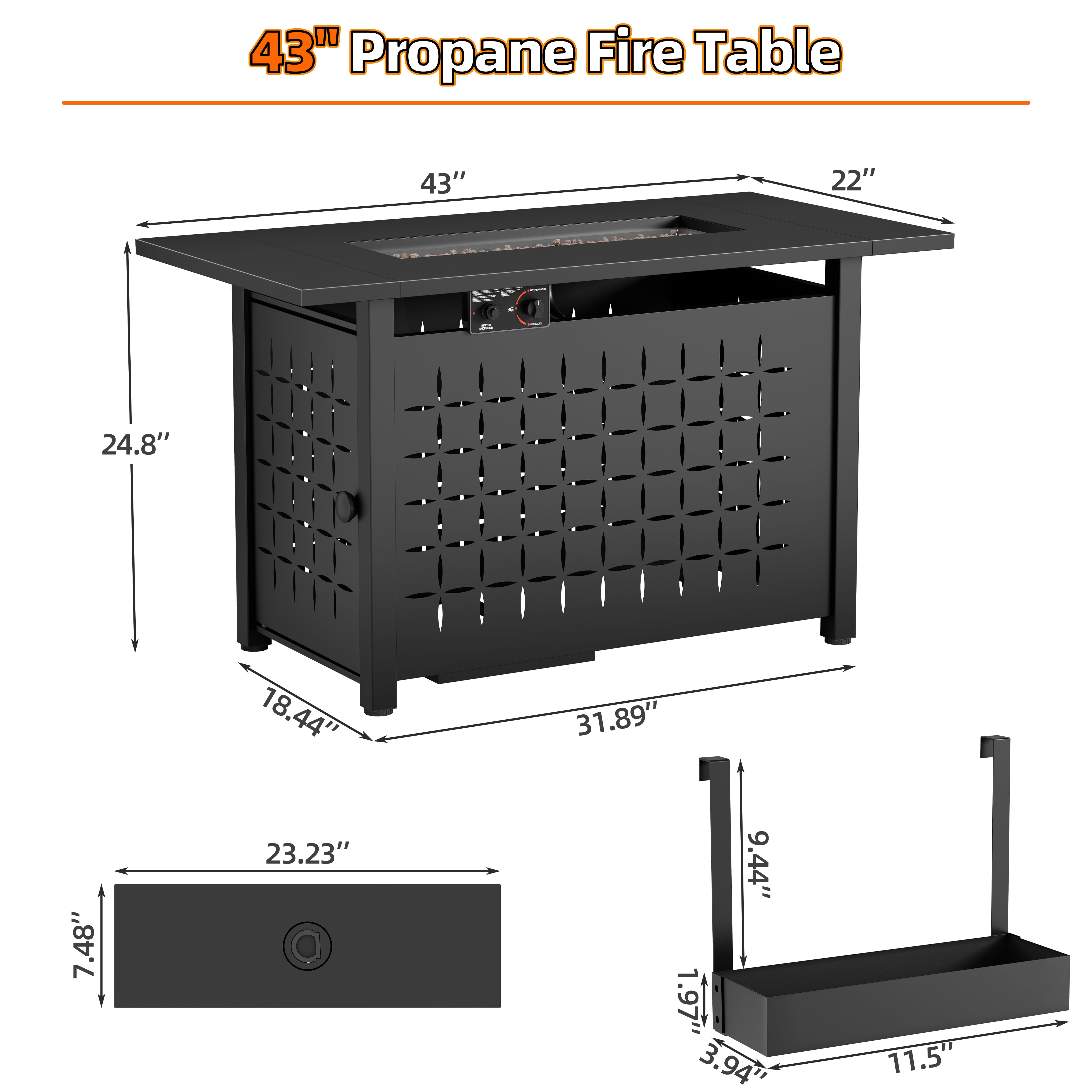 Segmart 43 in Propane Fire Pit Table, Outdoor Gas Fire Pit with Hanging Basket, Lid, and Lava Rocks (Black, 43 in) cmtzk