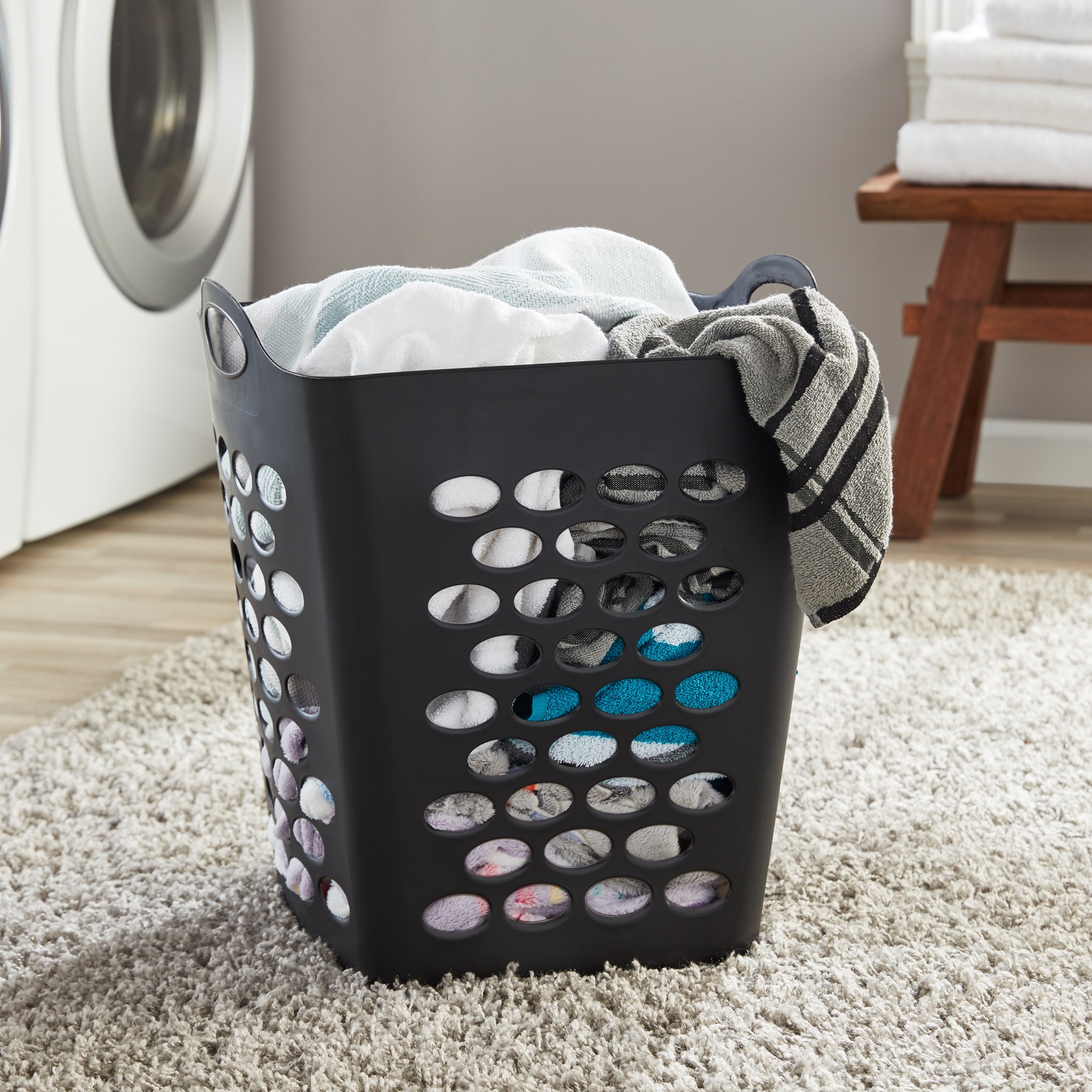Mainstays Flexible Square Laundry Hamper, Durable Ventilated Storage Bin (Black, 16.6 in x 16.6 in x 19.8 in) ab8qx