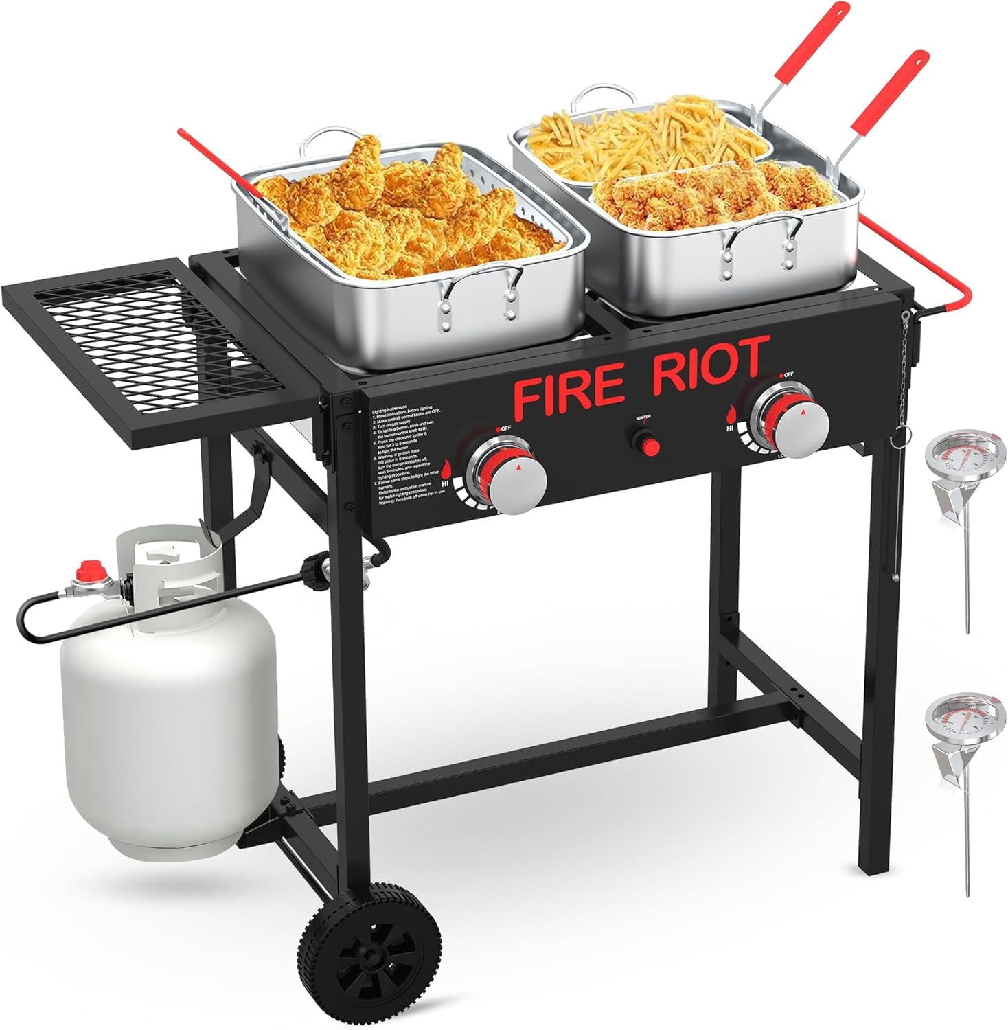 FIRE RIOT Double Burner Outdoor Propane Deep Fryer, Commercial Grade High-Power Cooker with (2) 18 qt Aluminum Pots and Baskets (Black) z7ckb