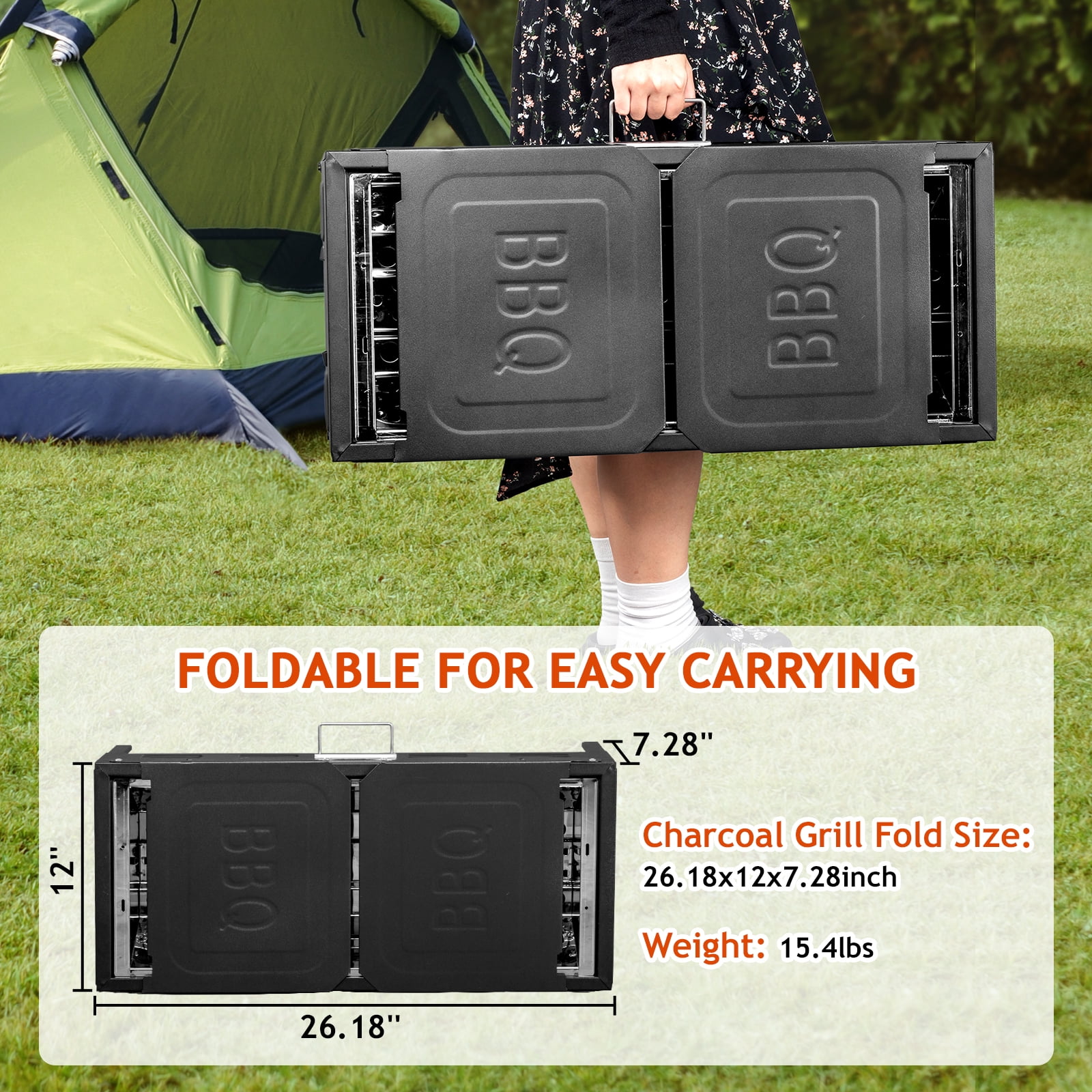 General Portable Charcoal Grill, Foldable Hibachi Barbecue Grill for Camping and Backyard (Black, 17 in x 11 in) iv7uf