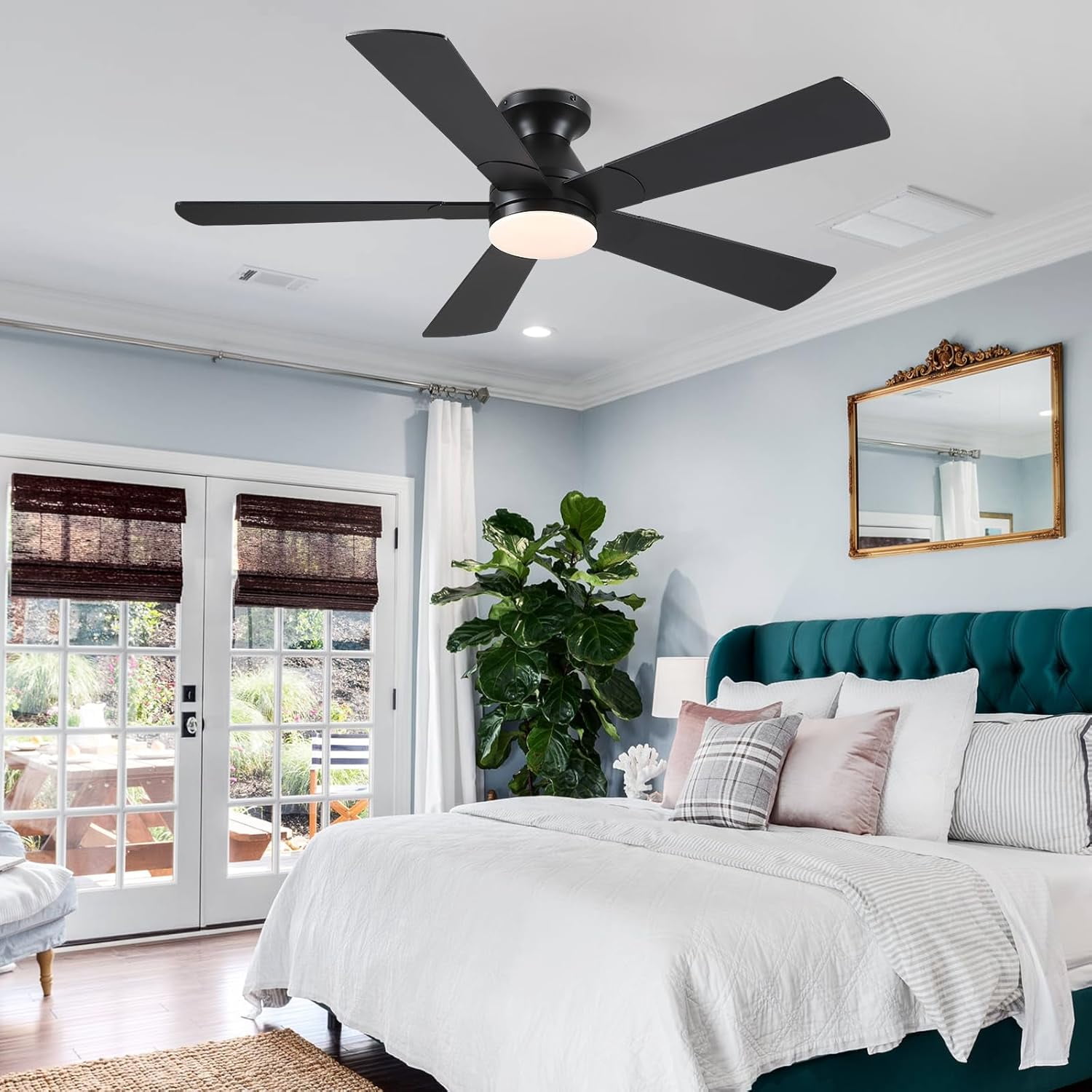 Phorus 52in Flush Mount Ceiling Fan with Dimmable LED Lights and Remote Control (Black, 52 in) 56ws9