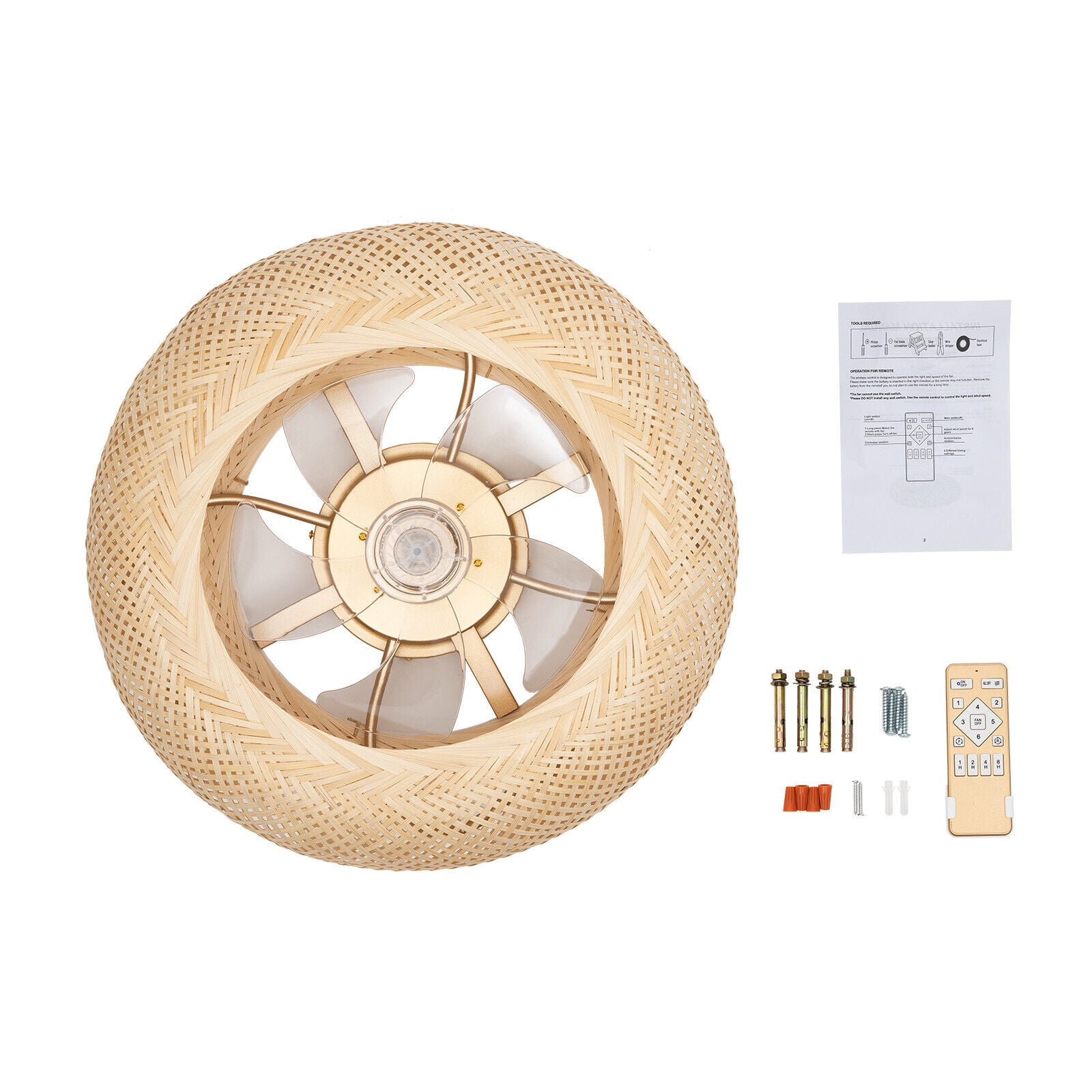 Generic Bamboo Ceiling Fan Farmhouse Boho Rattan Woven Light with Remote Control (Natural, 20 in) 023ca