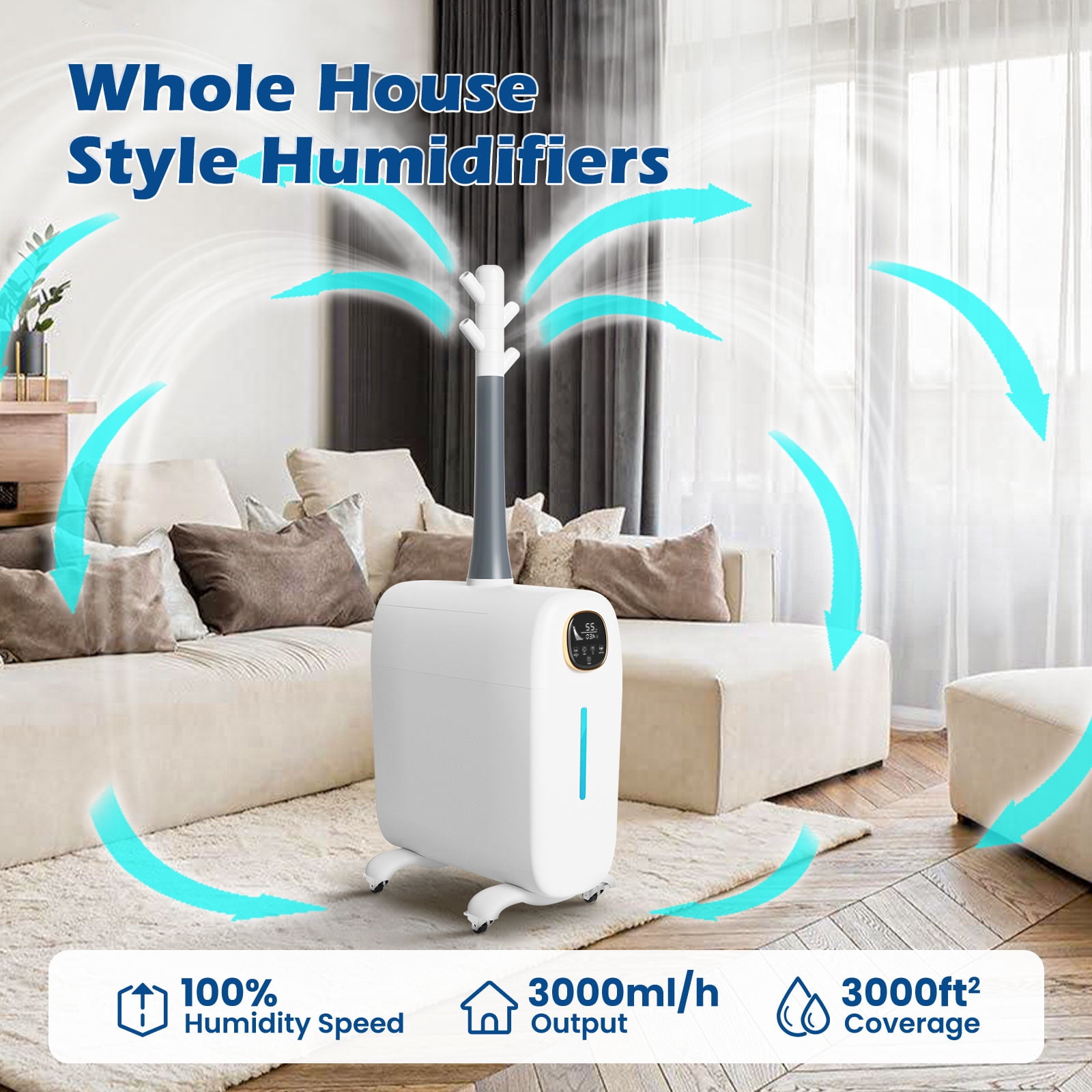 Lacidoll Large Room Humidifier for Whole House, Cool Mist Top Fill Floor Model with 360° Nozzle (White, 6.6 gal) q57rt