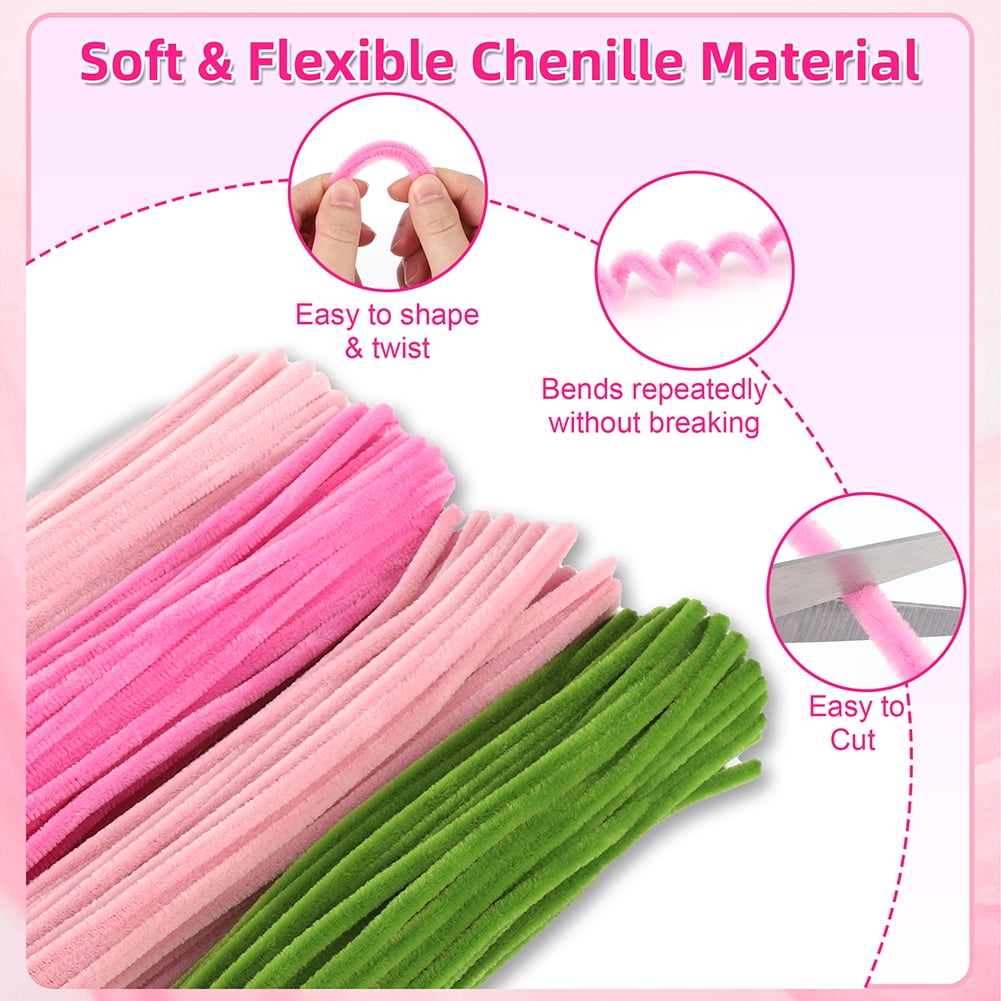 Yucurem Pipe Cleaners Craft Kit for DIY Flower Making, Chenille Stems with Floral Wires and Ribbon (Pink, 400 Pieces) rehc5
