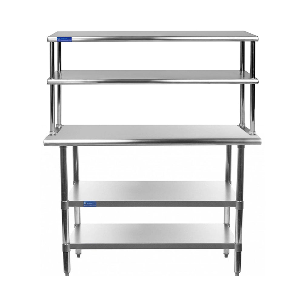 AmGood Stainless Steel Work Table with 2 Shelves and Double Tier Overshelf (Silver, 18 in x 30 in) ted07