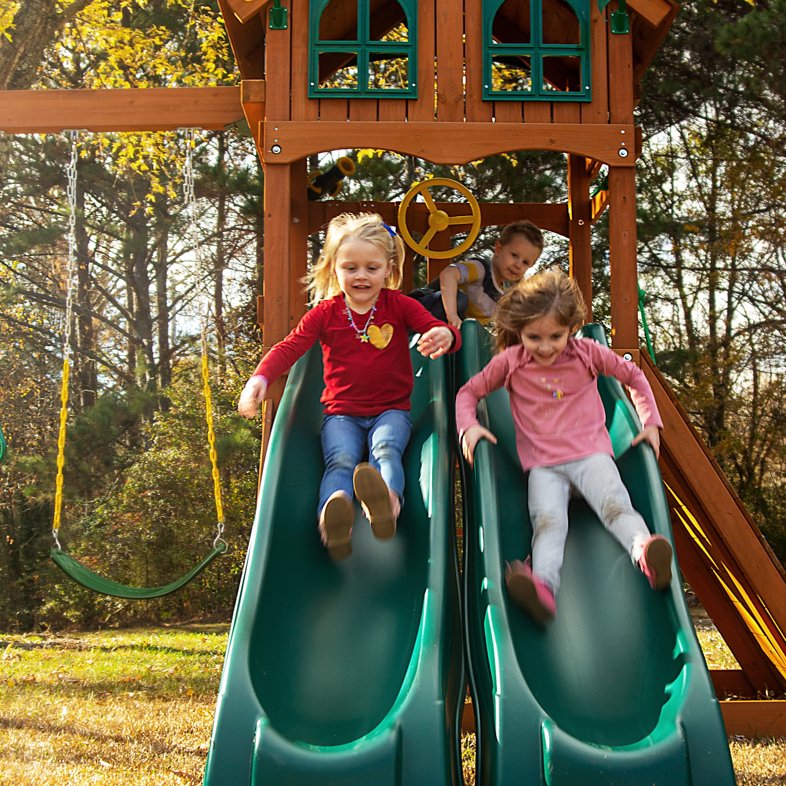 Gorilla Playsets Avalon Wooden Swing Set with Dual Slides and Climbing Rock Wall (Amber, 1 Unit) pfgpi